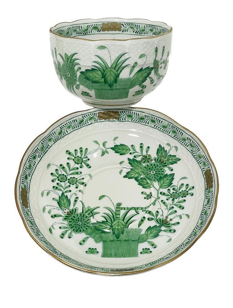 Indian Basket Green Pattern Porcelain Tea Service for 12 from Herend, Hungary, 1930s, Set of 27