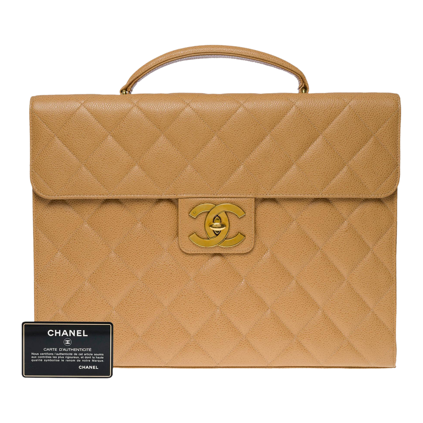 Chanel Vintage Briefcase In Beige Caviar Leather, Ghw