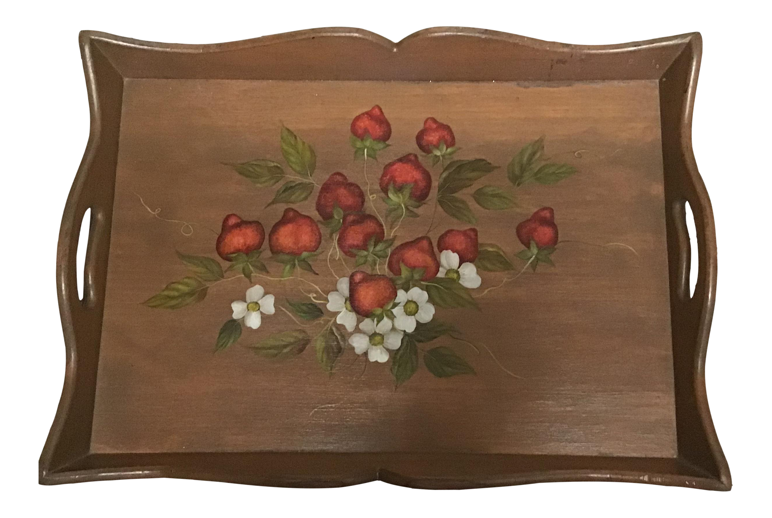 19th Century Large Hand Painted Wood Serving Tray Fruit Painted