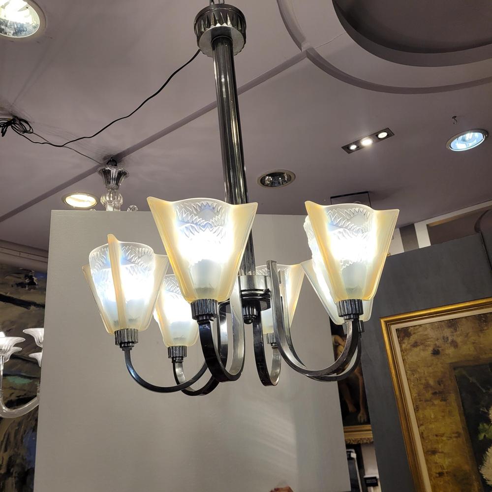 Pendant Light in Glass and Nickel-Plated Metal from Atelier Petitot Paris, 1930s