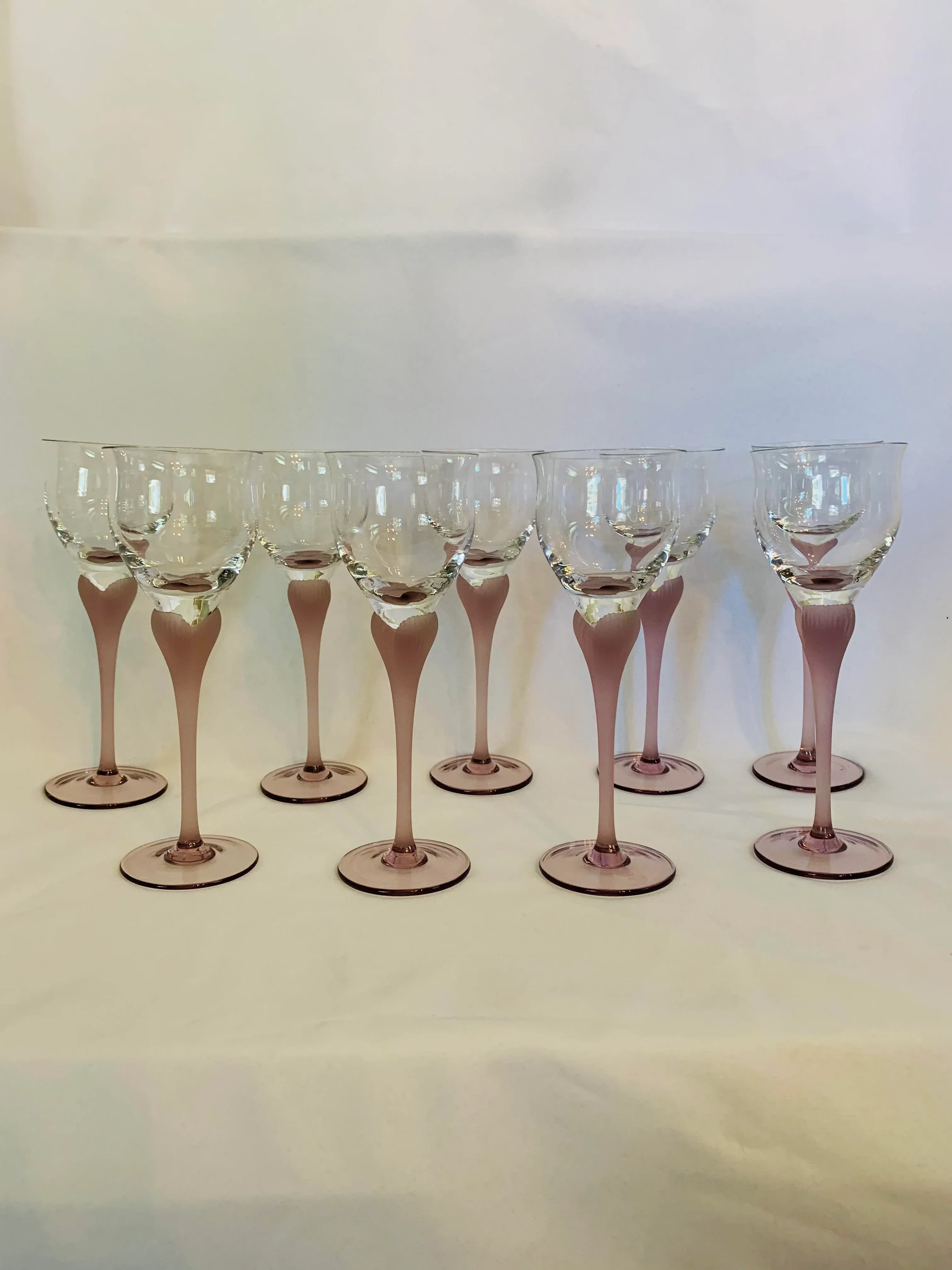Vintage Frosted Dusty Rose-Color Stem Deco-Style Wine Glasses- Set of 9