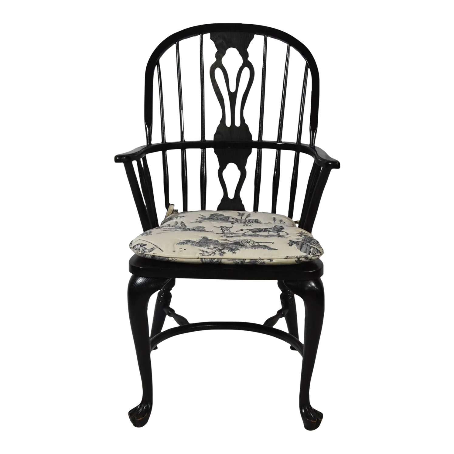 Black English Style Arm Windsor Chair Bench Made With Toile Blue Chair Pad