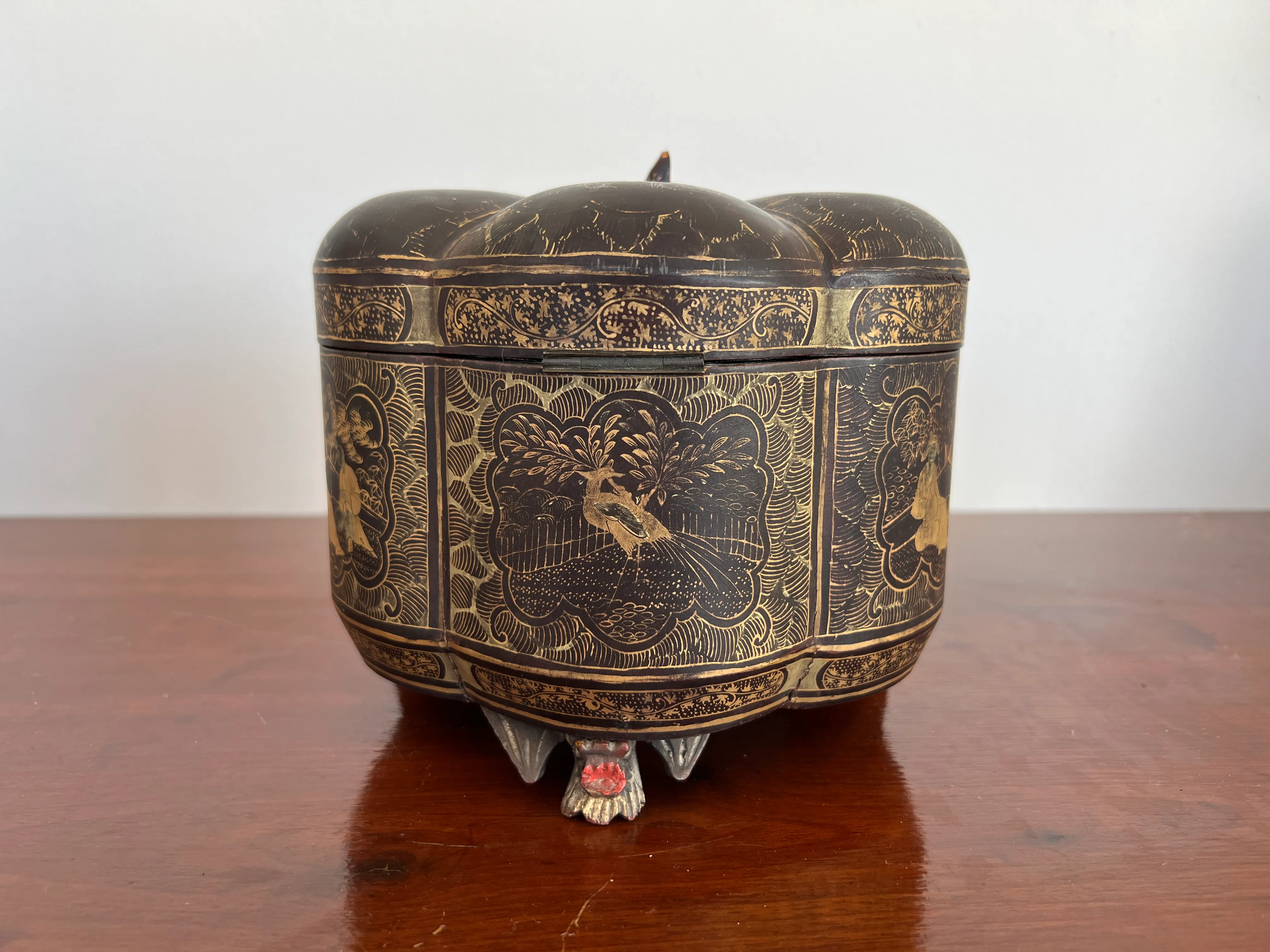 19th Century, Chinese Export Gilt Black Lacquer Melon Form Tea