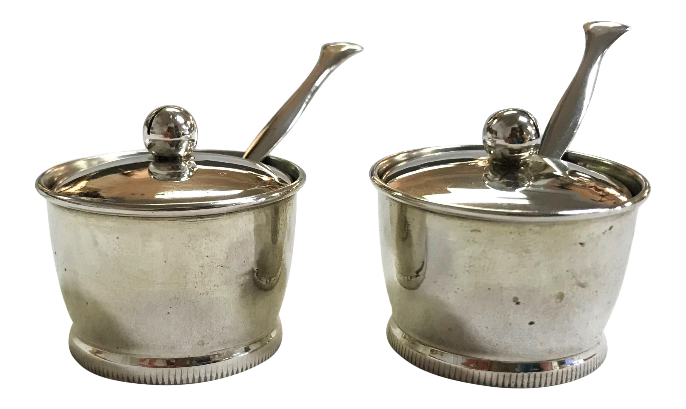 Silver Salt Cellars With Lids, Spoons, and Cut Glass Inserts a Pair