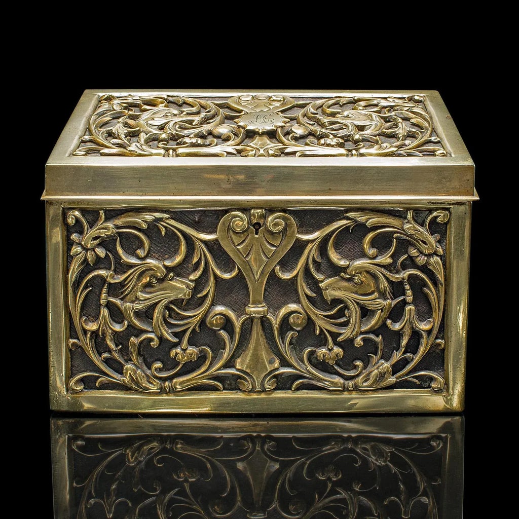 Antique Stationery Box, English, Brass, Tabletop Letter Case