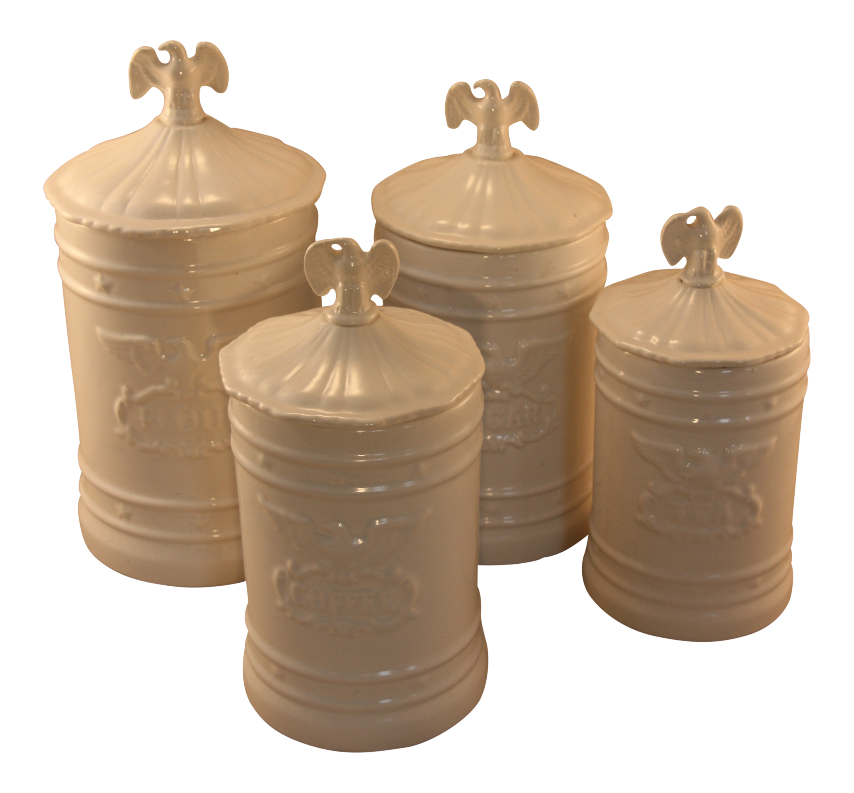 Vintage Ceramic Kitchen Canisters With Eagle Topped Lids Set Of