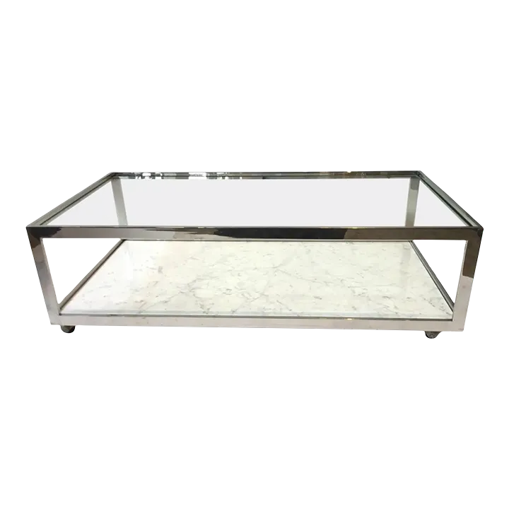1970s Milo Baughman Chrome, Glass & Marble Coffee Table on Wheels