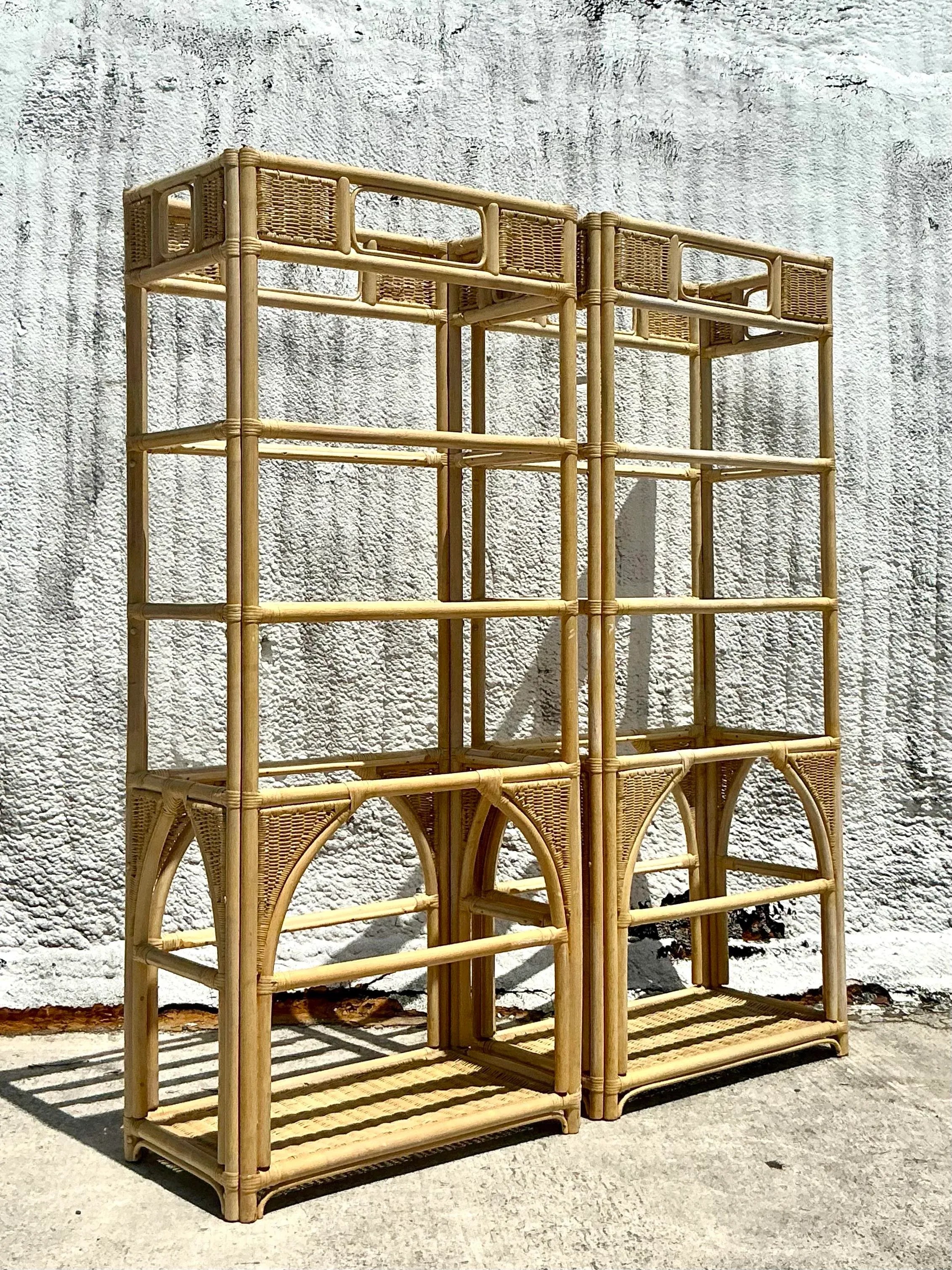 Vintage Coastal Woven Rattan Etagere - A Pair