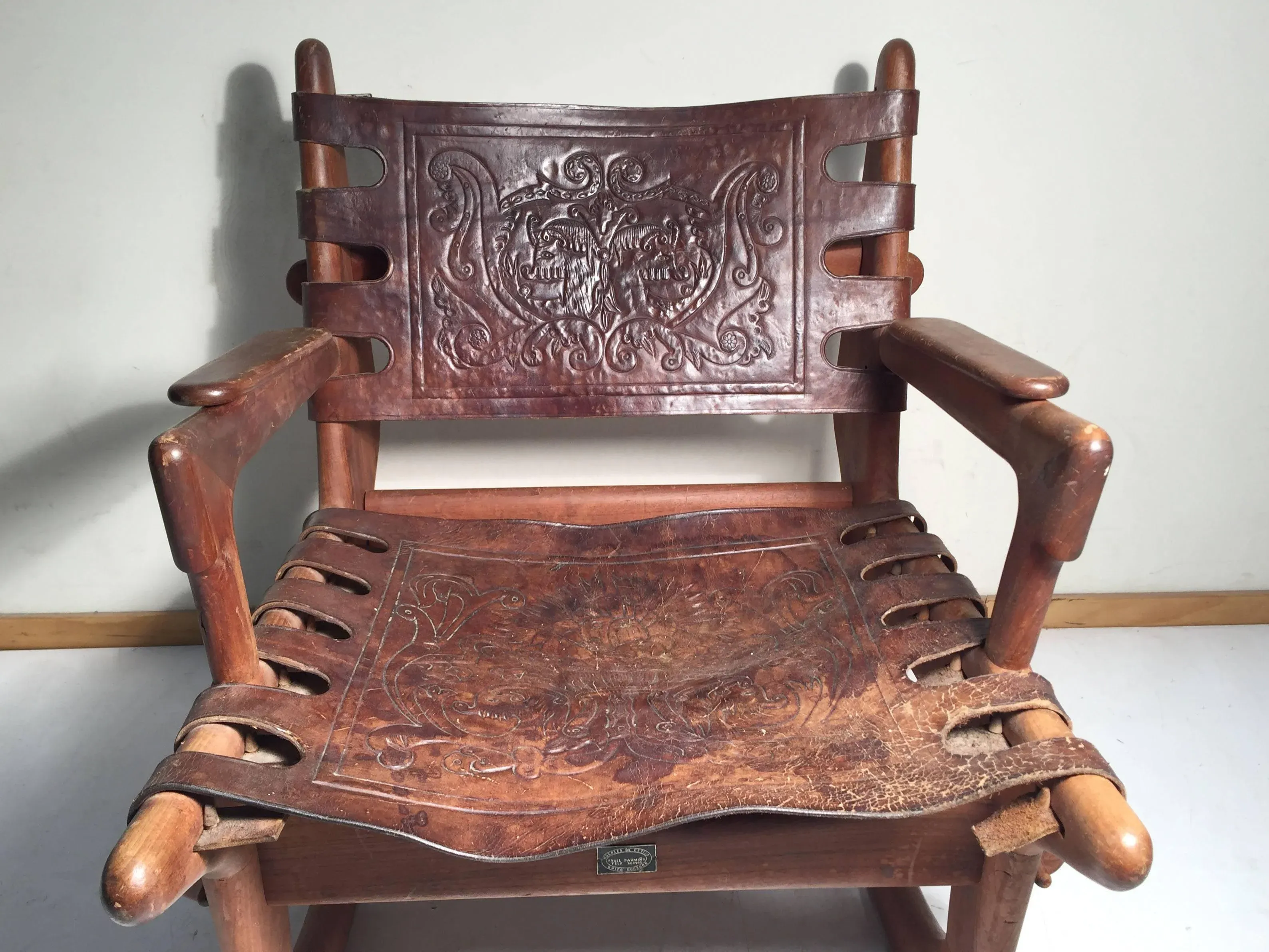 Angel Pazmino Leather and Wood Rocking Chair | Chairish