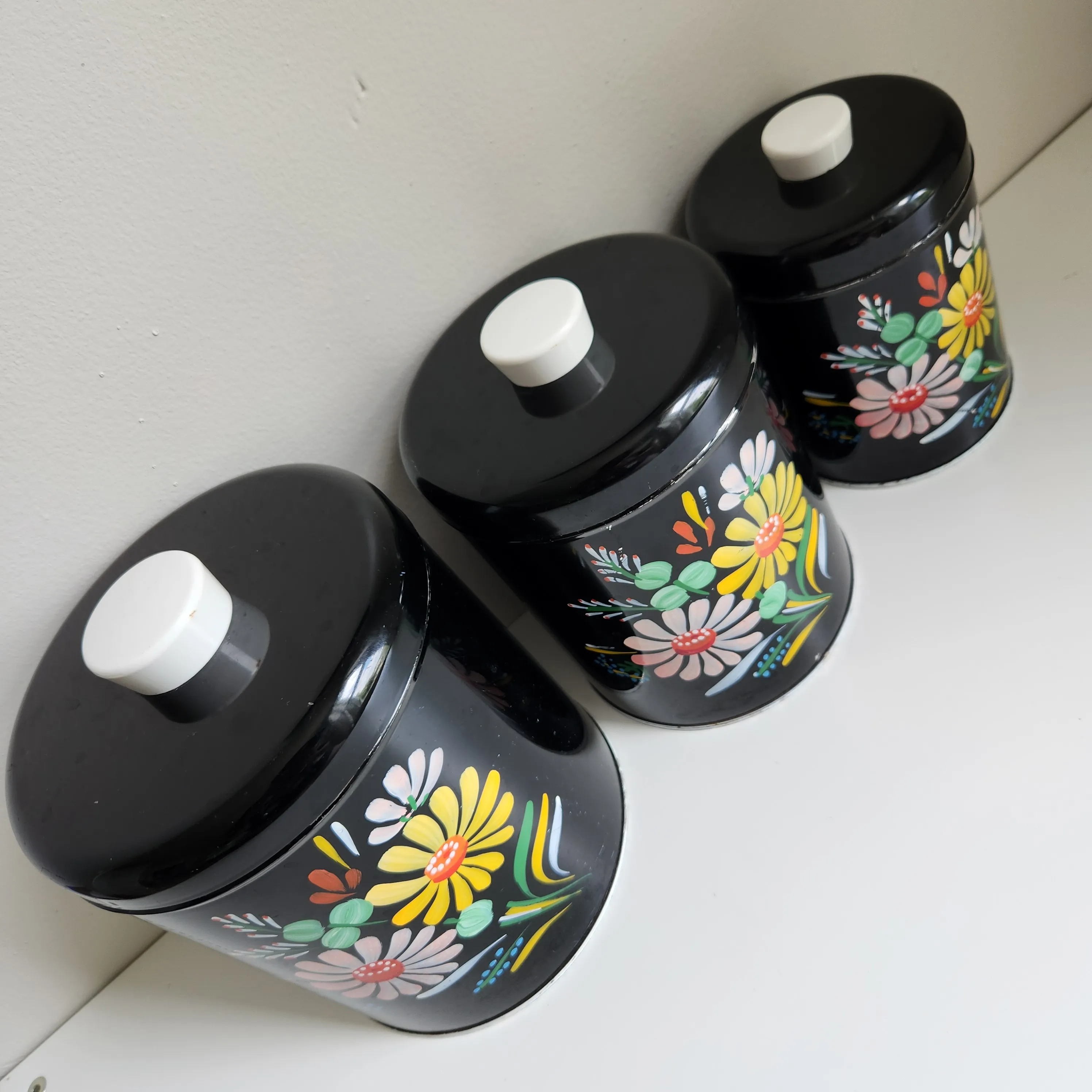 Vintage Ransburg Black with Hand Painted FlowersToleware Canisters 