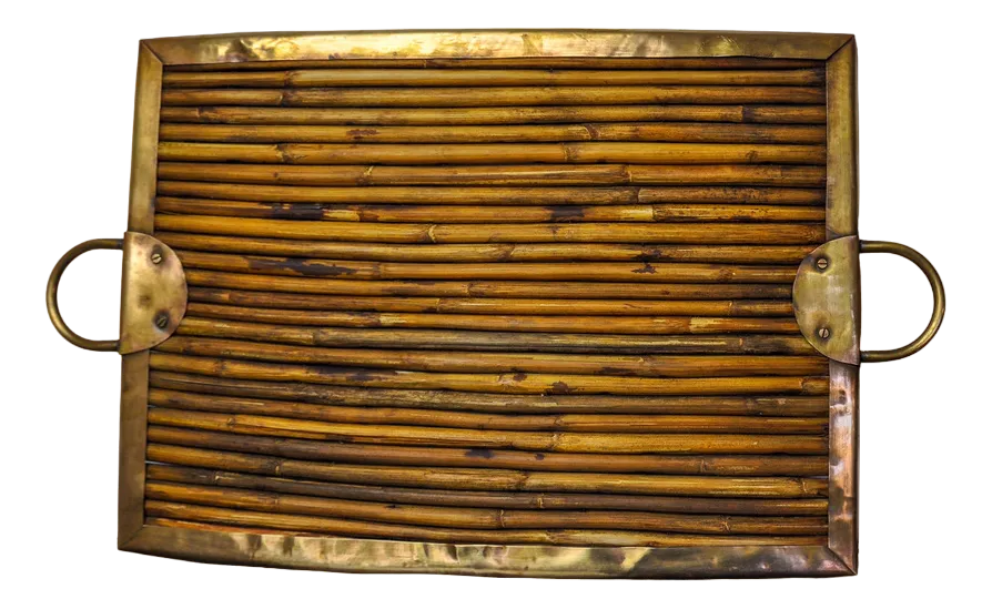 Rattan and Brass Tray, Italy, 1970s