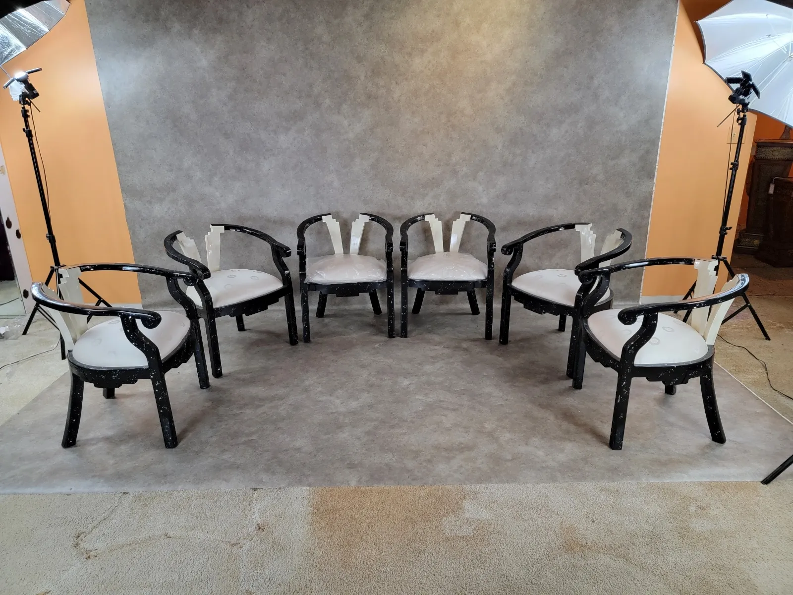 Vintage Maitland Smith Style Stone and Mother of Pearl Inlay Lacquer Chairs - Set of 6