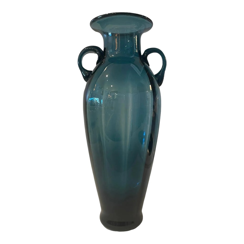 Vintage Teal or Blue Art Glass Twin Handled Amphora Vase, Hand Blown ...