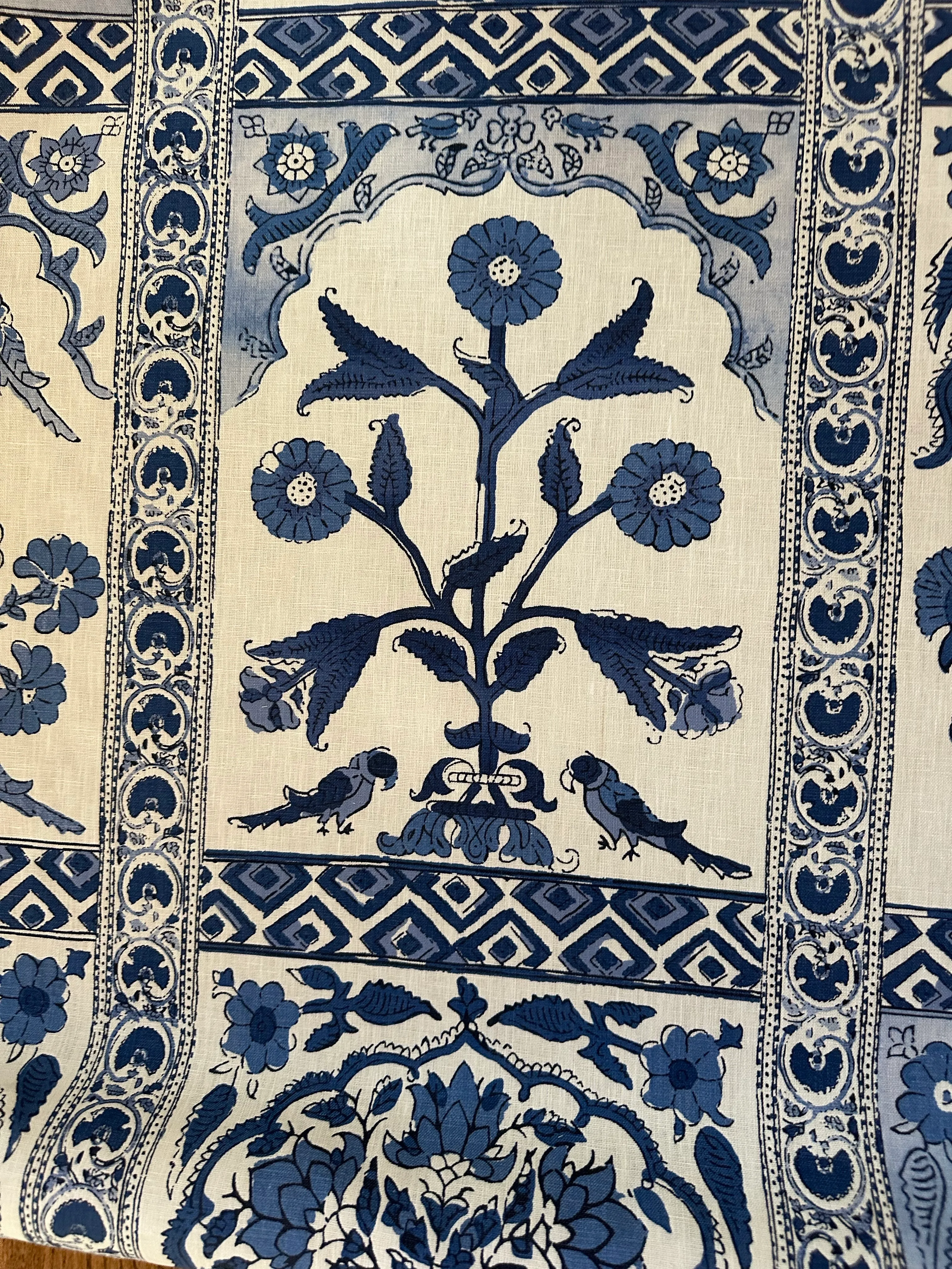 Thibaut Indian Panel Blue Fabric 1 Yard Linen | Chairish