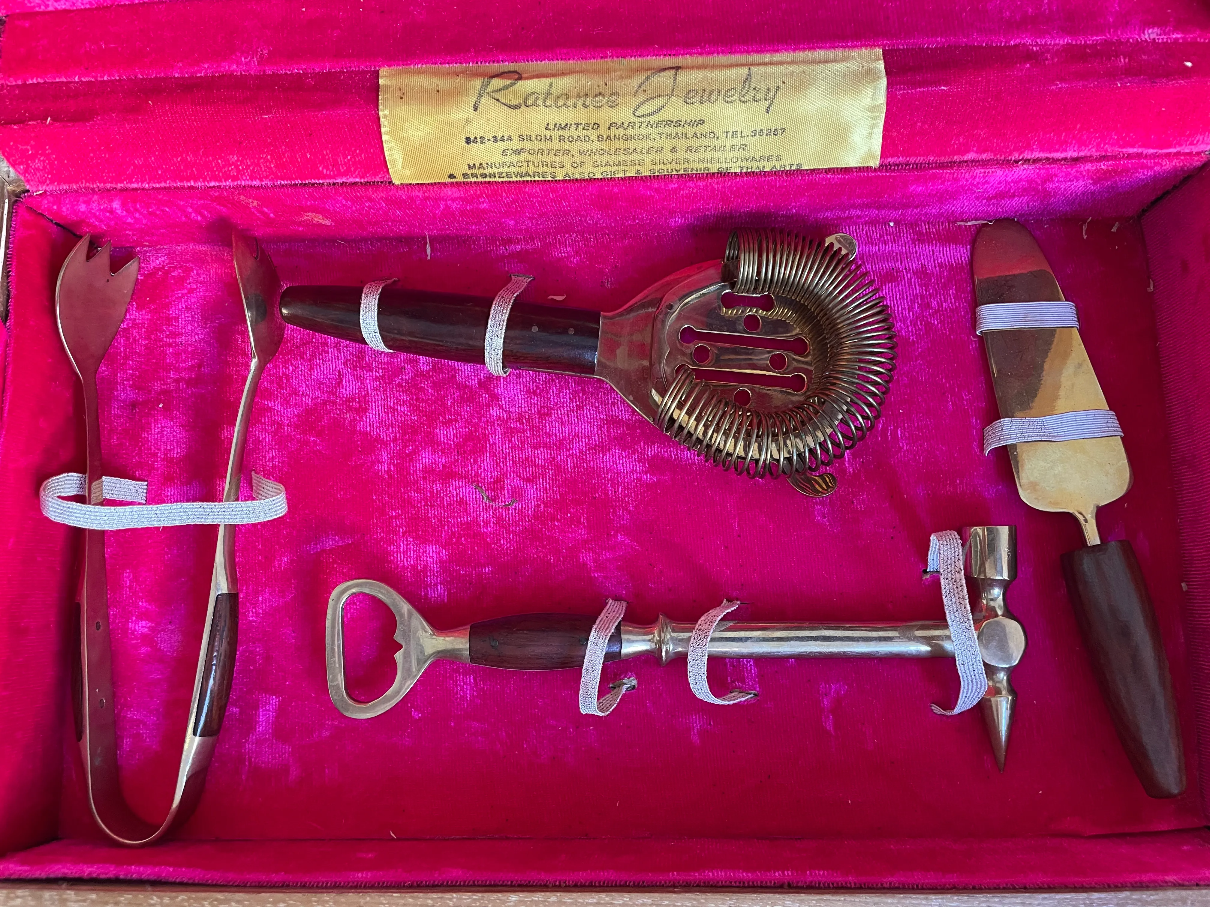 1940s Vintage Wood and Brass Bar Service Set From Thailand- 8
