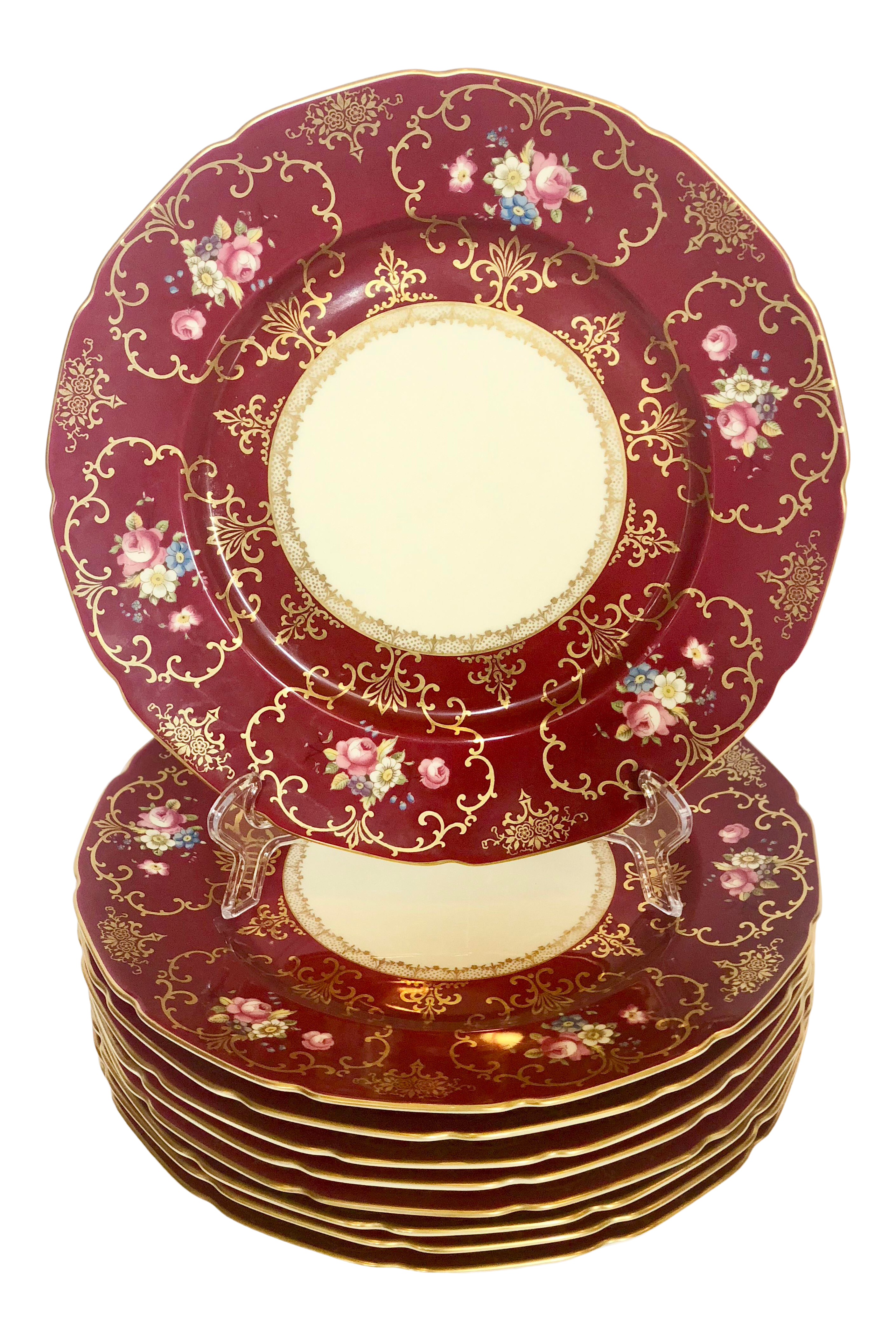 1900s Rosenthal Continental Burgundy Red And White Floral Large Dinner Plates Set Of 9 Chairish