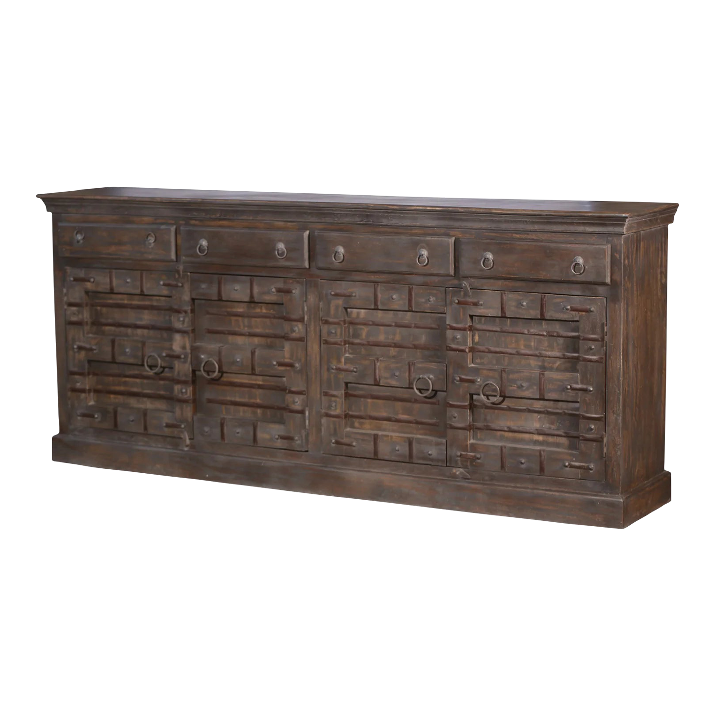 Rustic 89" Long Solid Wood Credenza With Drawers & Iron Strap Accents