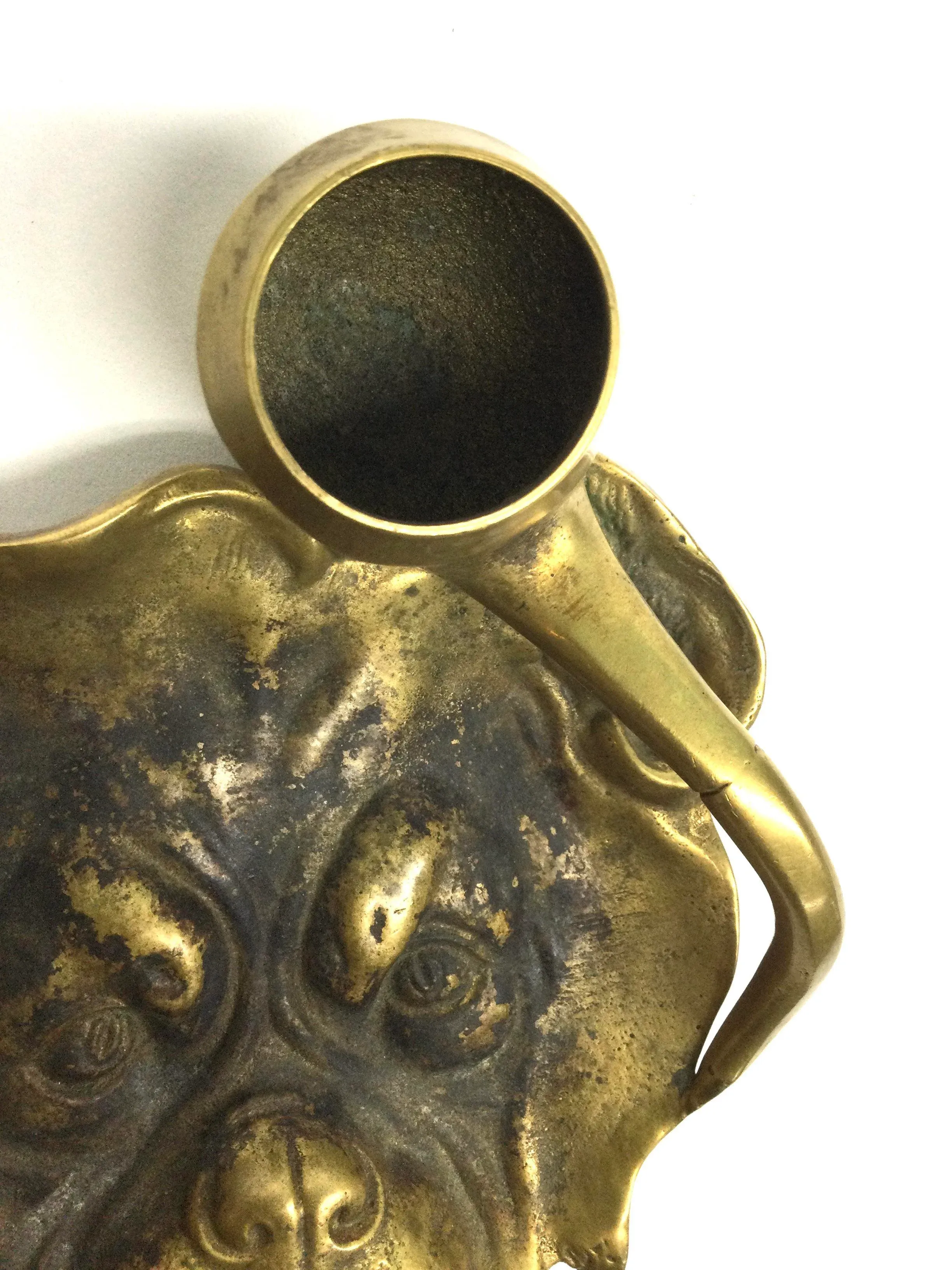 Antique Victorian Solid Brass Carved Bulldog Ashtray Match