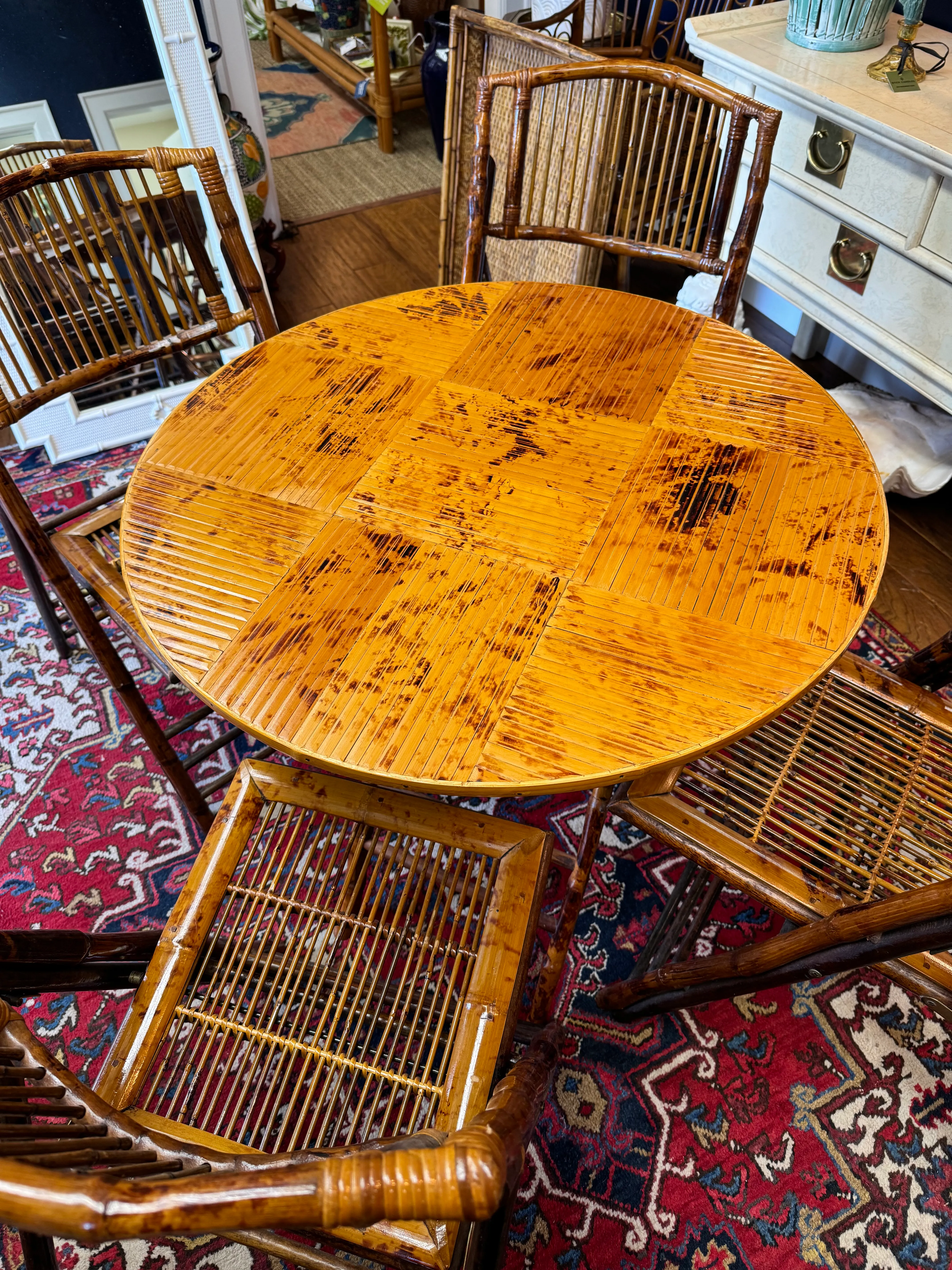 1980s Vintage Burnt Bamboo Folding Table and Chairs, a Set of 5