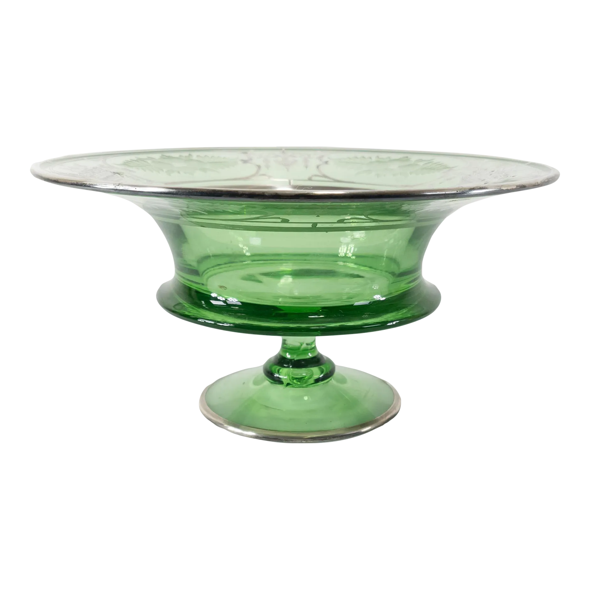 Green Etched Glass and Sterling Silver Overlay Compote Bowl Chairish