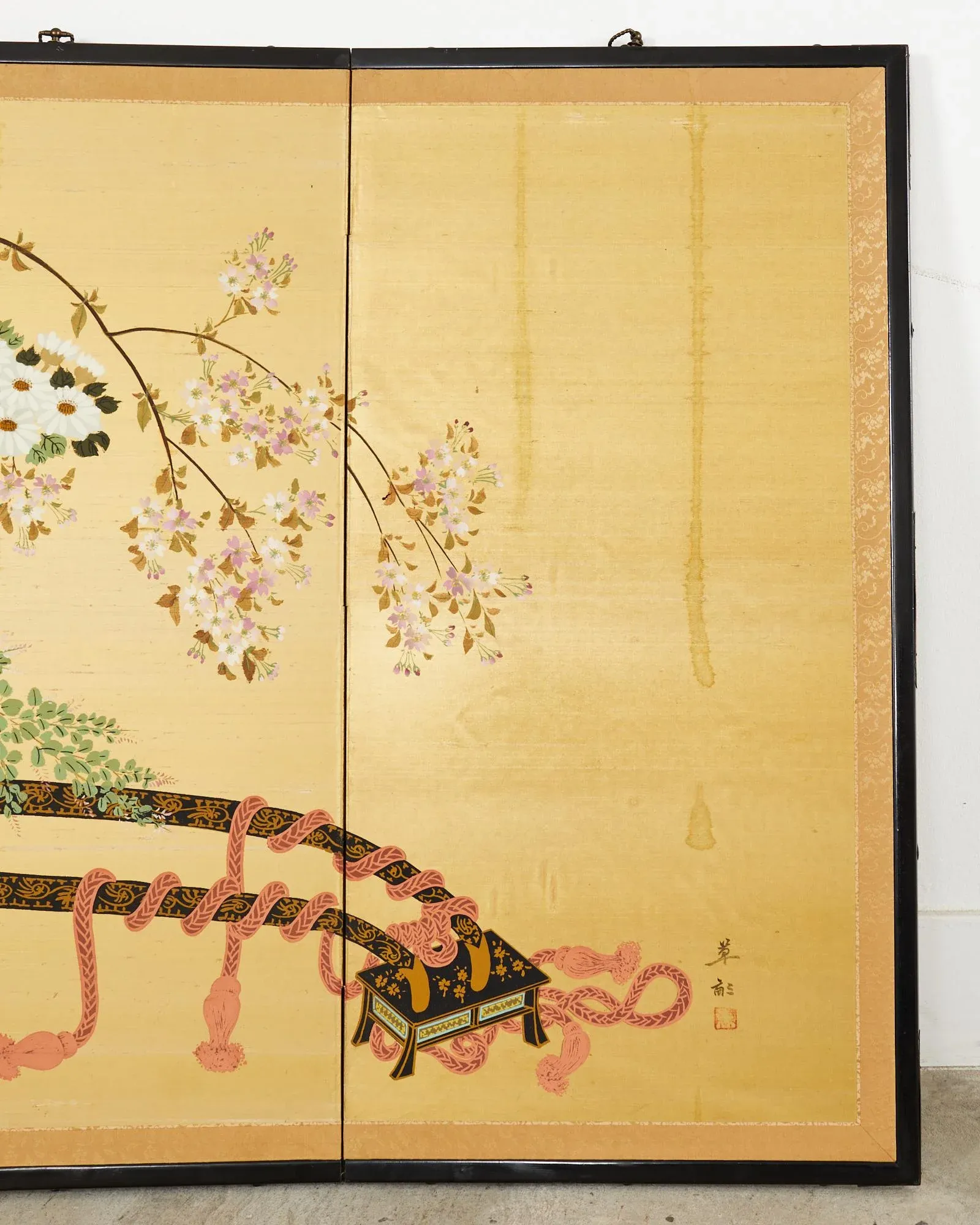 *完成*花様オーダー Japanese Showa Four Panel Screen Hanaguruma Flower Cart