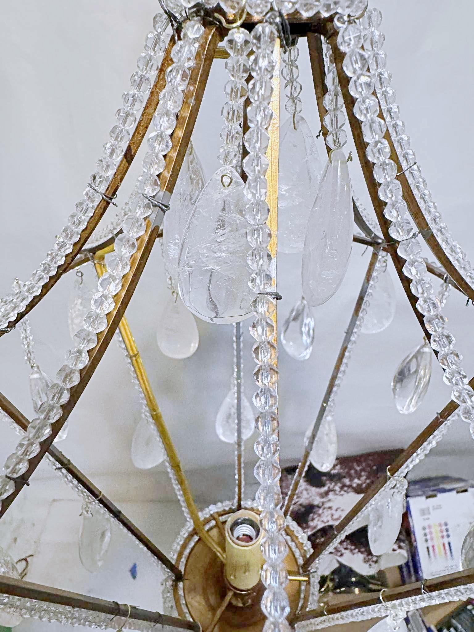 Vintage French Brass Chandelier With Hand Cut Rock Crystals