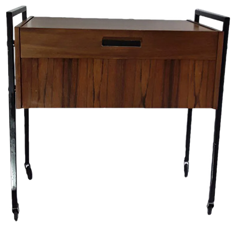 Vintage Walnut Veneer and Black Metal Sewing Table on Wheels, 1970s