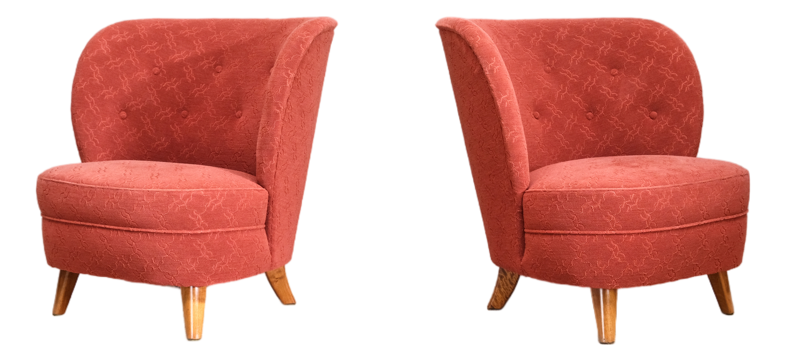 Easy Chairs in Red Fabric and Birch from Carl-Johan Boman, Finland, 1940s, Set of 2