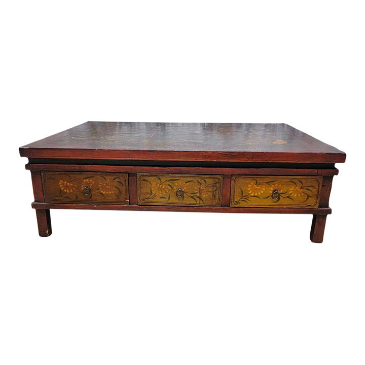 1800s Antique Hand Painted Tibetan Elm Low Square Coffee Table With 3
