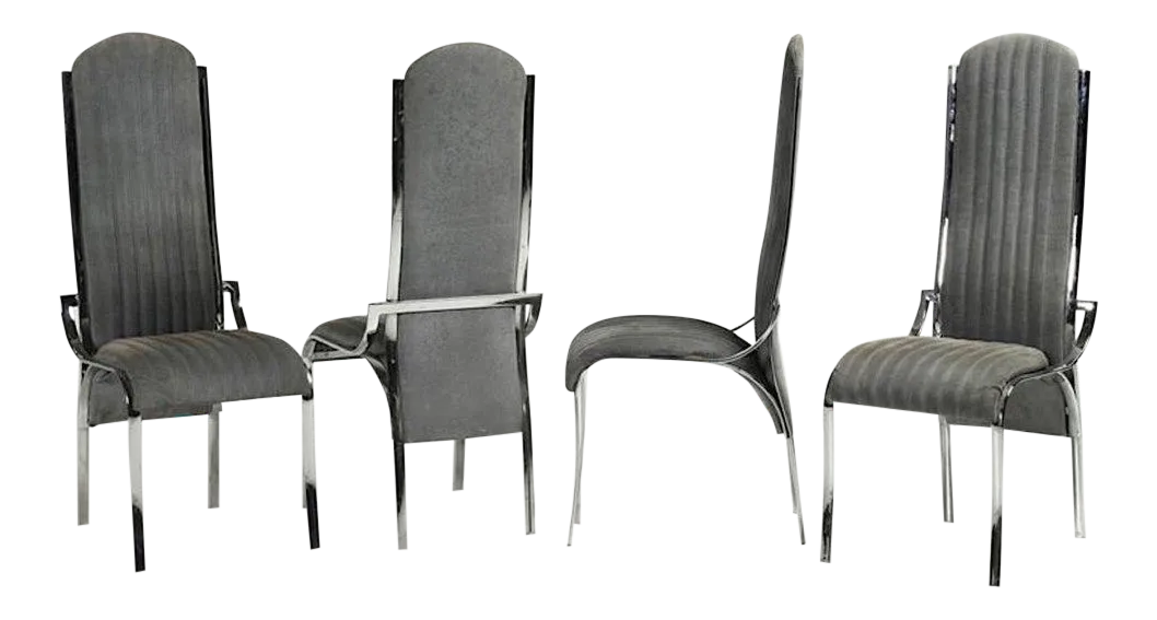 Italian Vintage Four Curved High Back Chrome Chairs in Blue Gray Stitch