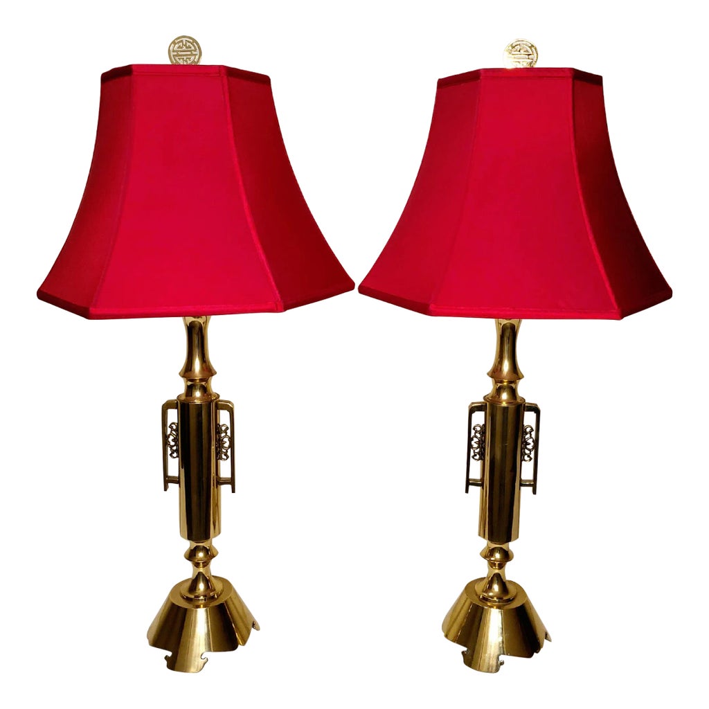 Vintage James Mont Brass Lamps With Red Hex Bell Shades - a Pair | Chairish
