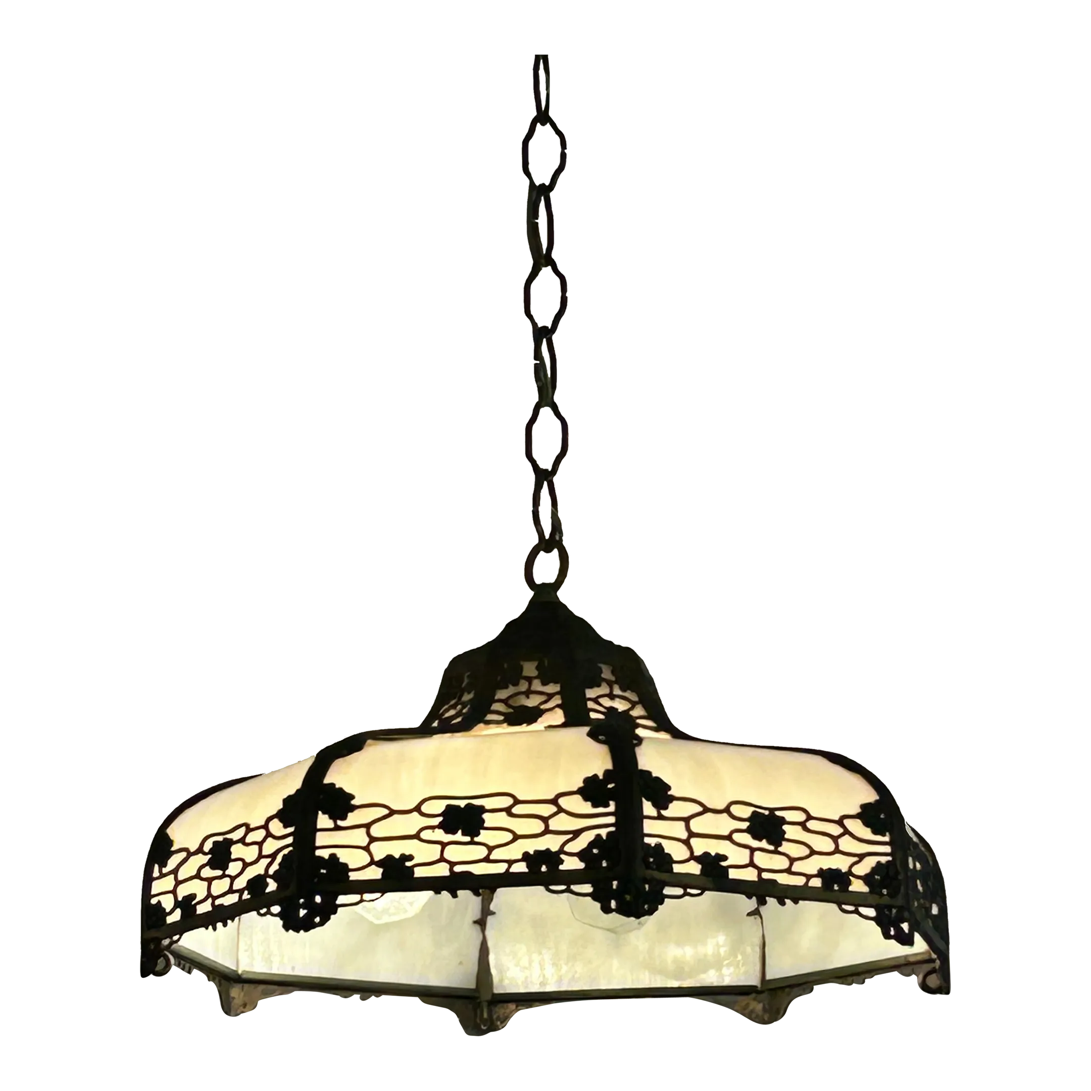 Milk Glass & Bronzed Metal Tiffany Style Chandelier