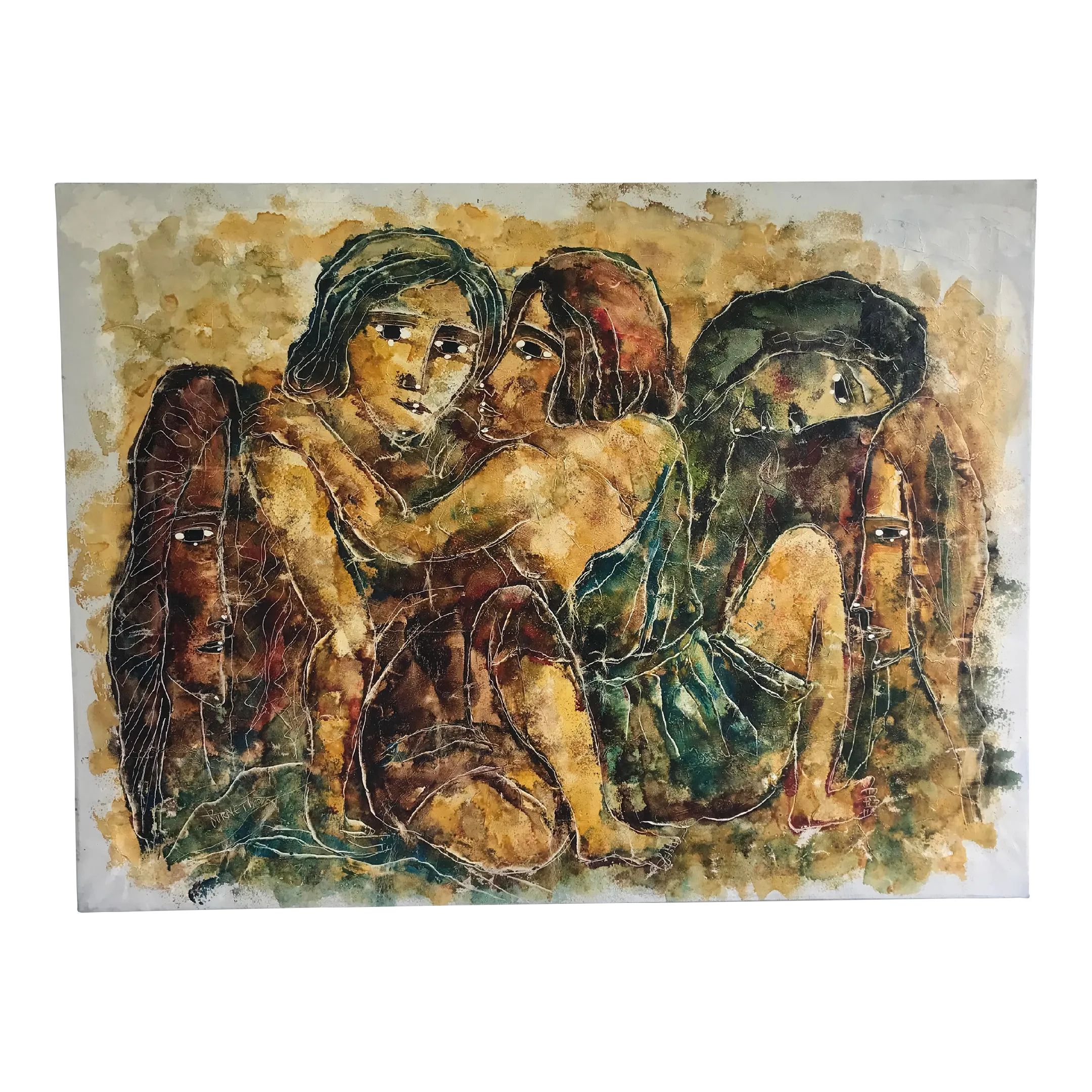 Burnett作 油絵 Original Oil Painting by Caroline Burnet large mid century