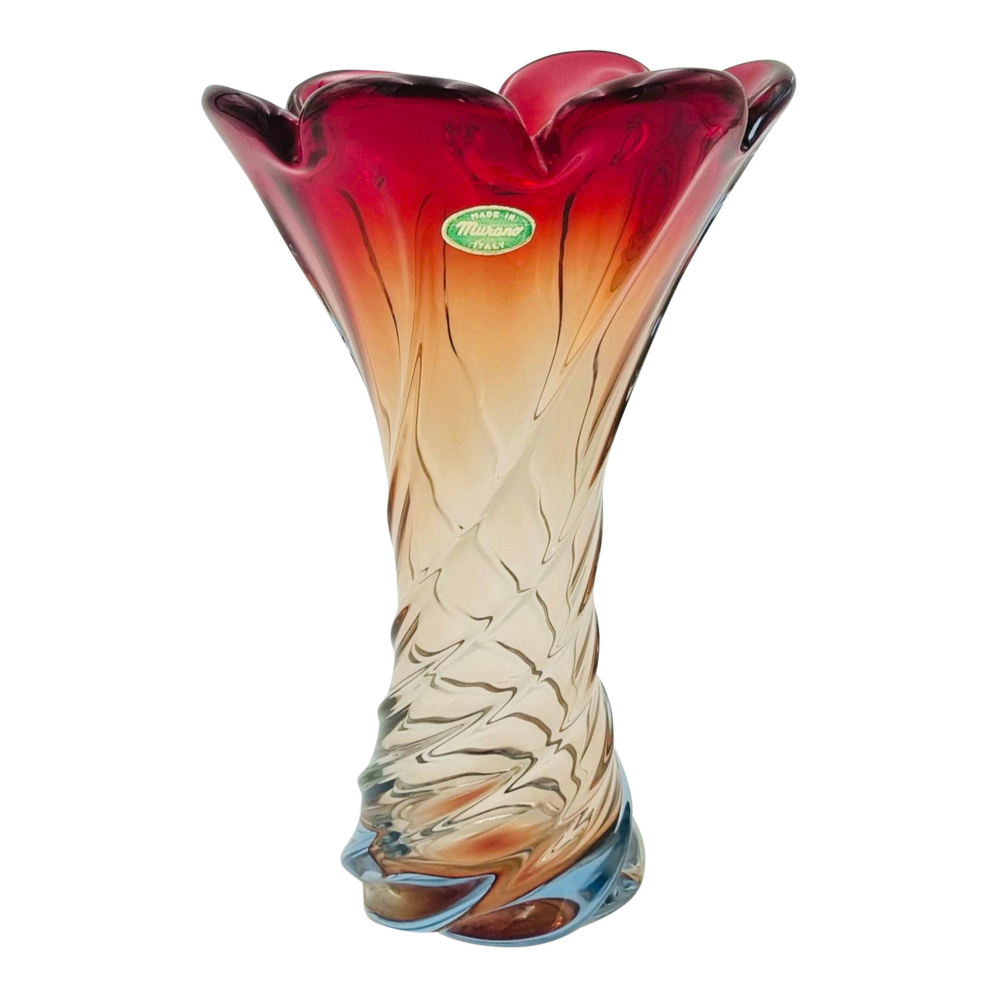 Large Vintage Italian Twisted Murano Glass Vase From Made Murano Glass