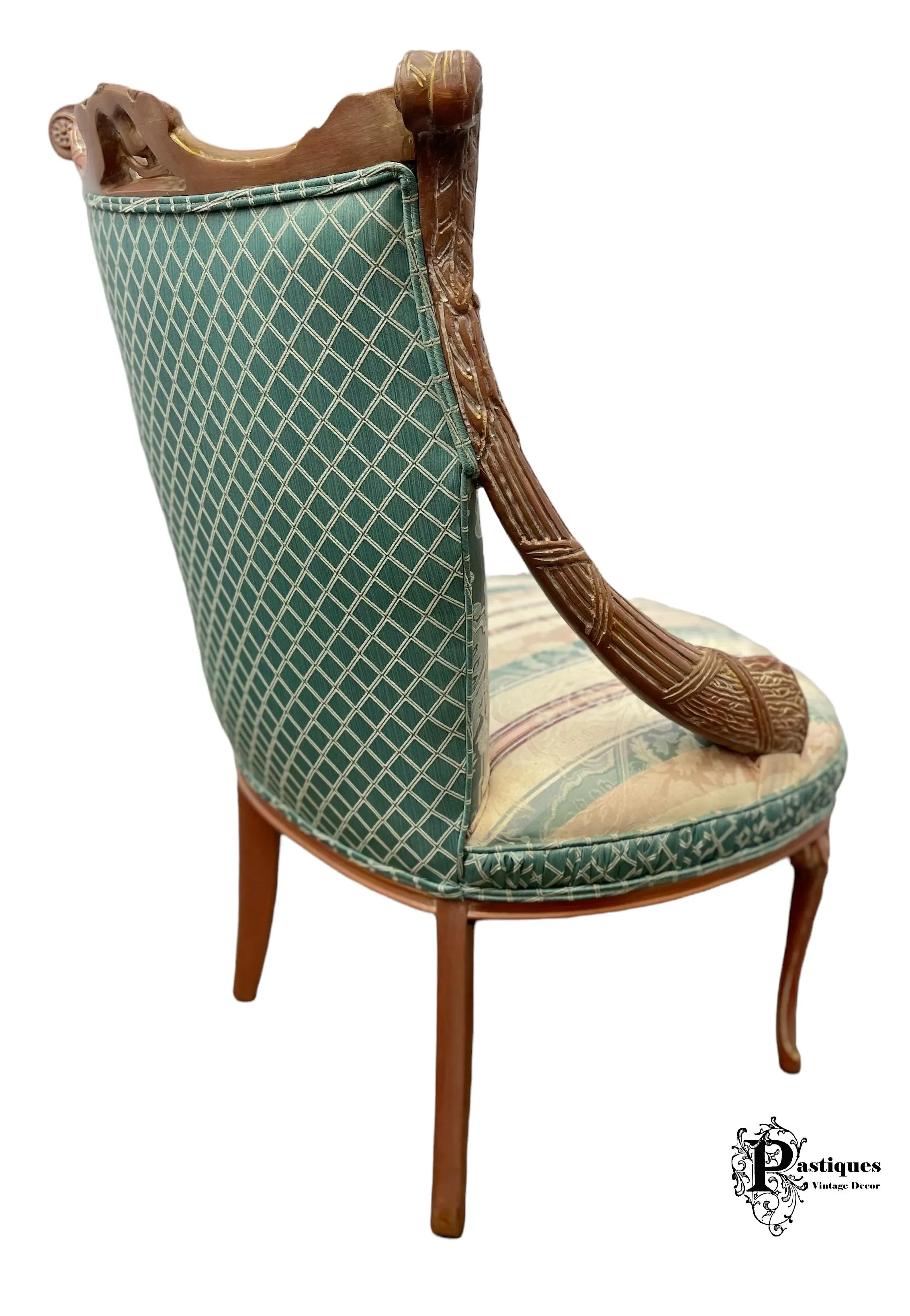 Vintage Regency Style Pickled Whitewash Upholstered Accent Chairs - Pair