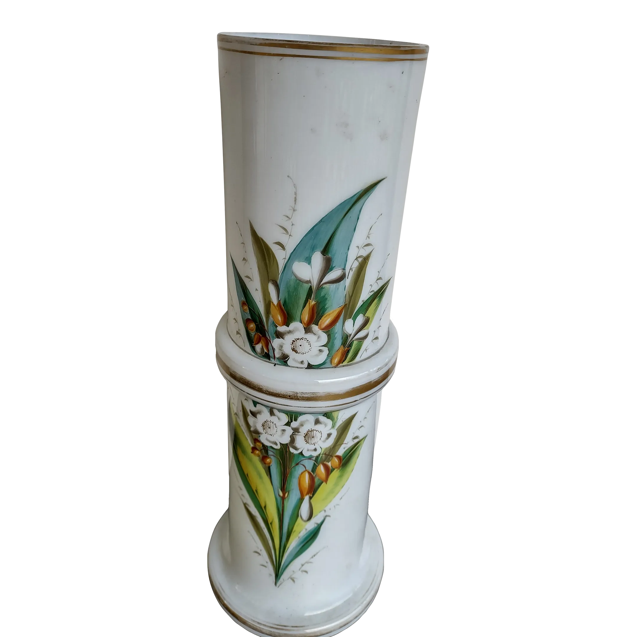 19th Century French Bamboo Form Hand Painted White Opaline Vase With