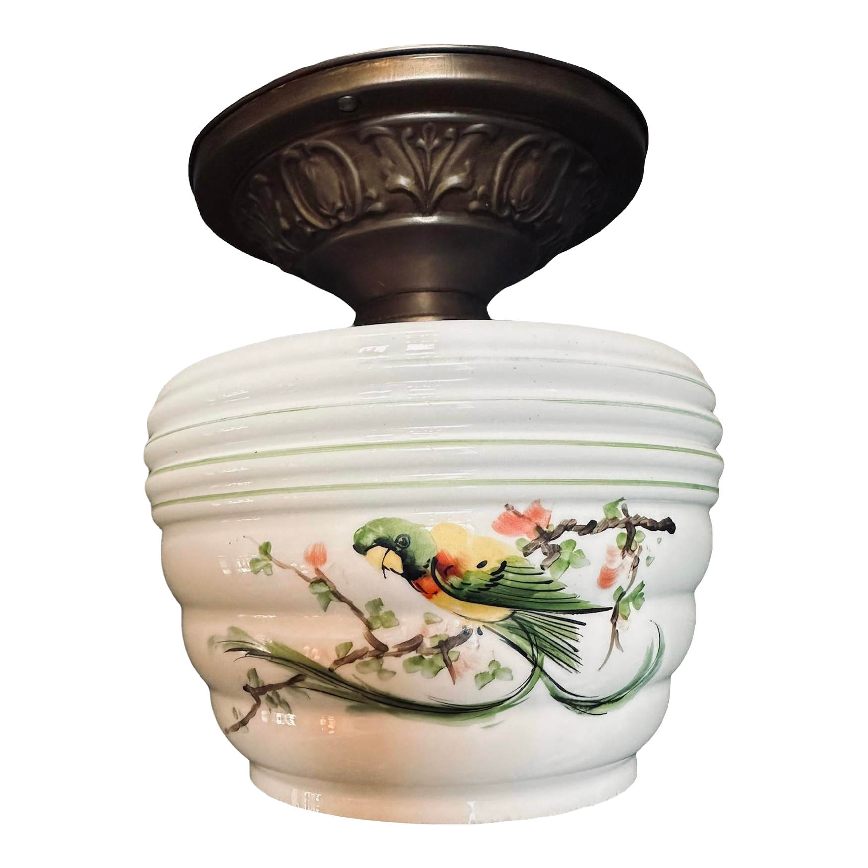 Cased Glass Painted Birds Flushmount Fixture, Circa 1930 Chairish