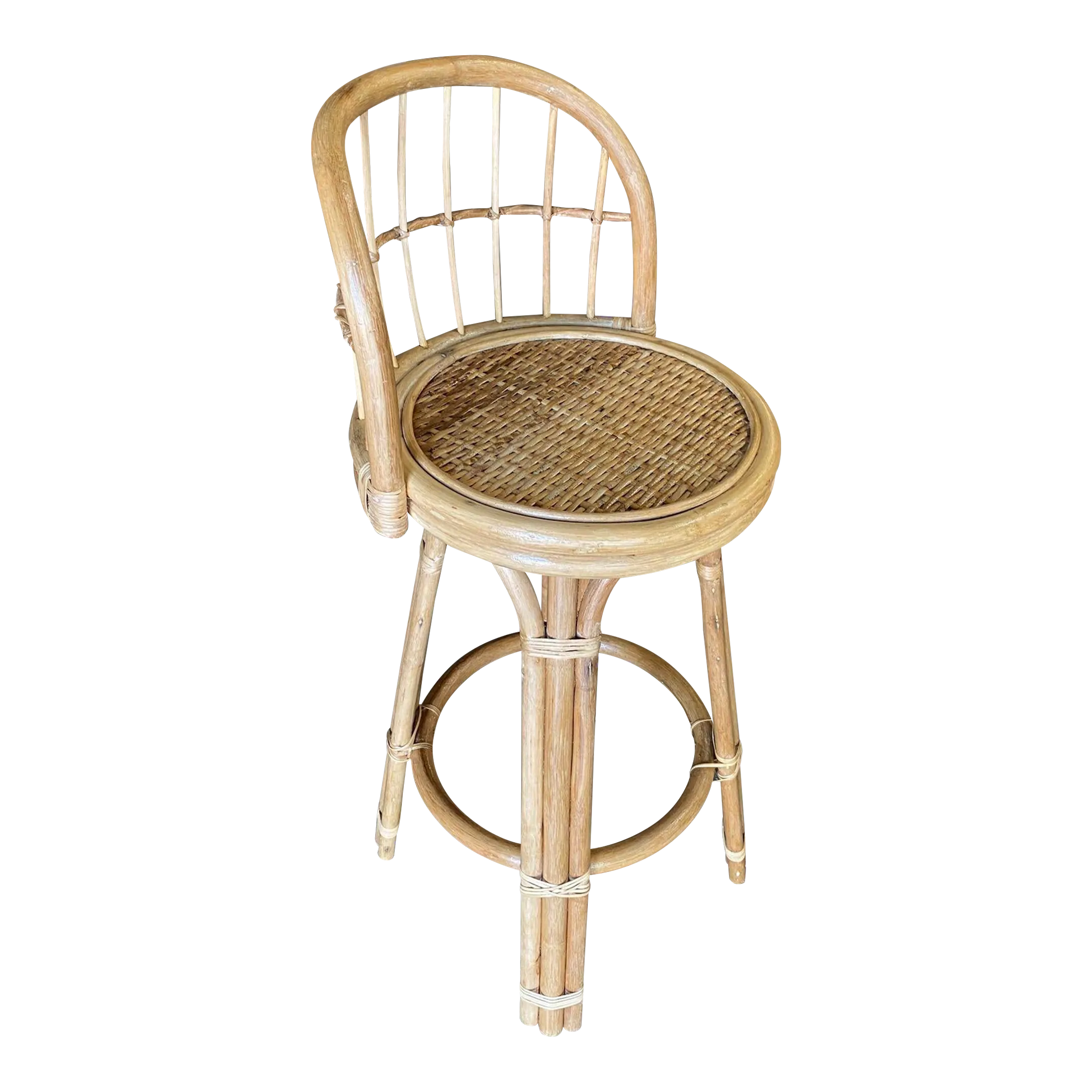 Restored 3-Strand Rattan Bar Stool W/ Stick Reed Rattan Back