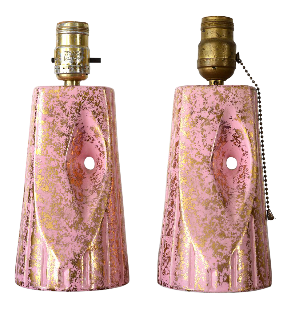 1950s Mid Century Ceramic Pink Gold Nightstand Lamps A Pair Chairish