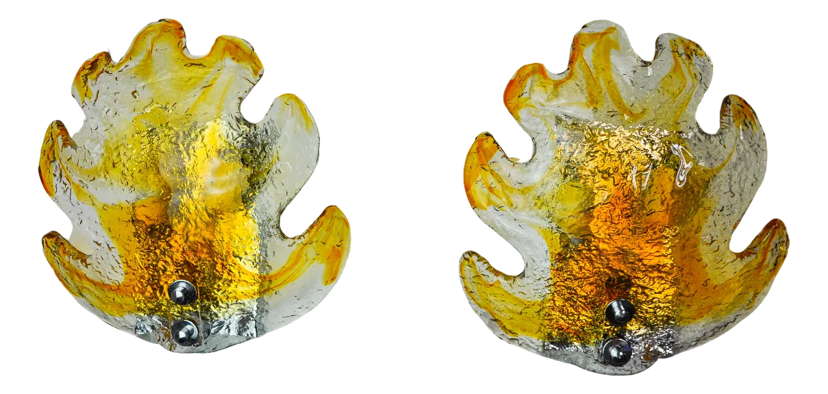 Leaf Wall Lights in in Orange Frosted Glass from Murano Mazzega, 1970, Set of 2