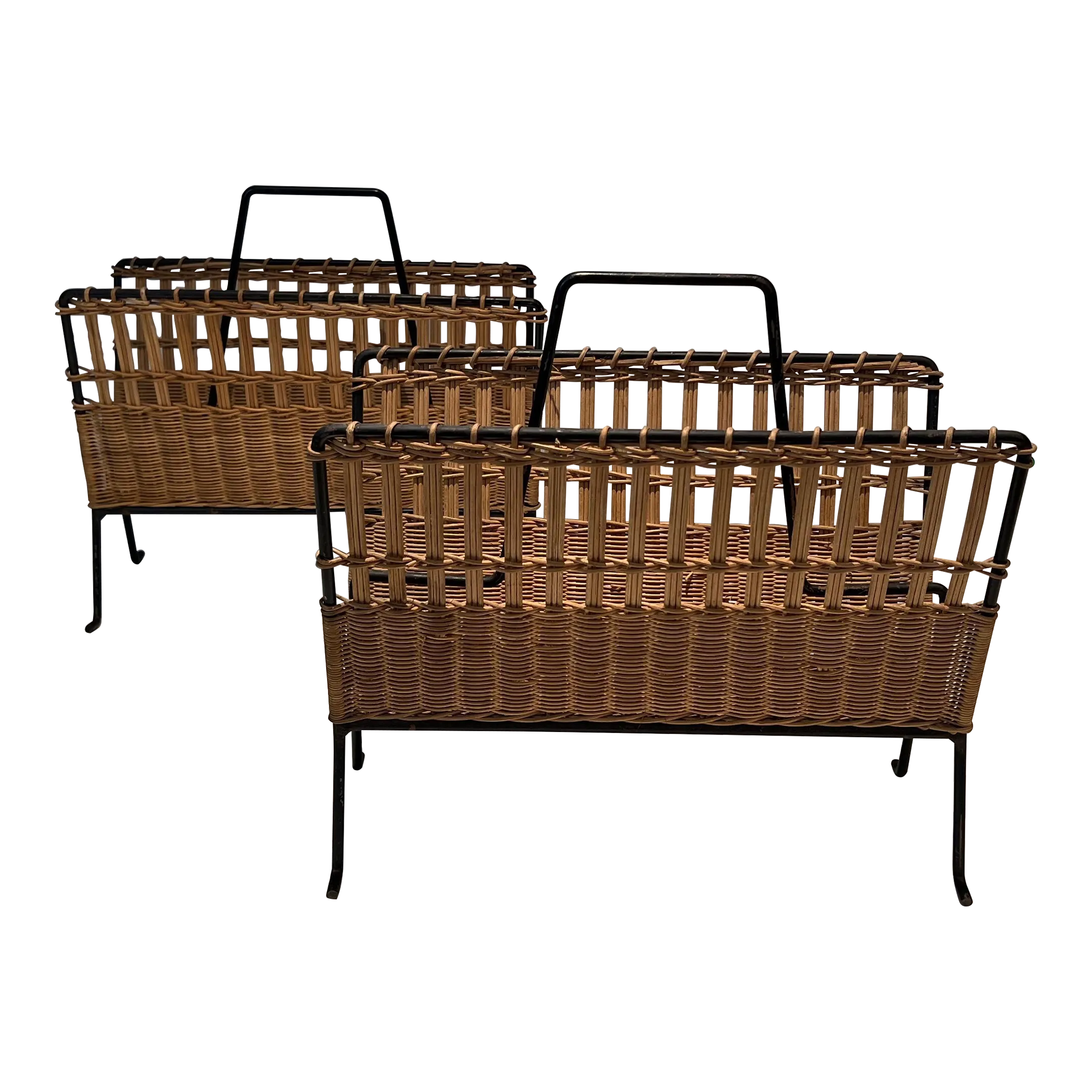 1950s Rattan and Black Lacquered Magazine Racks - a Pair | Chairish