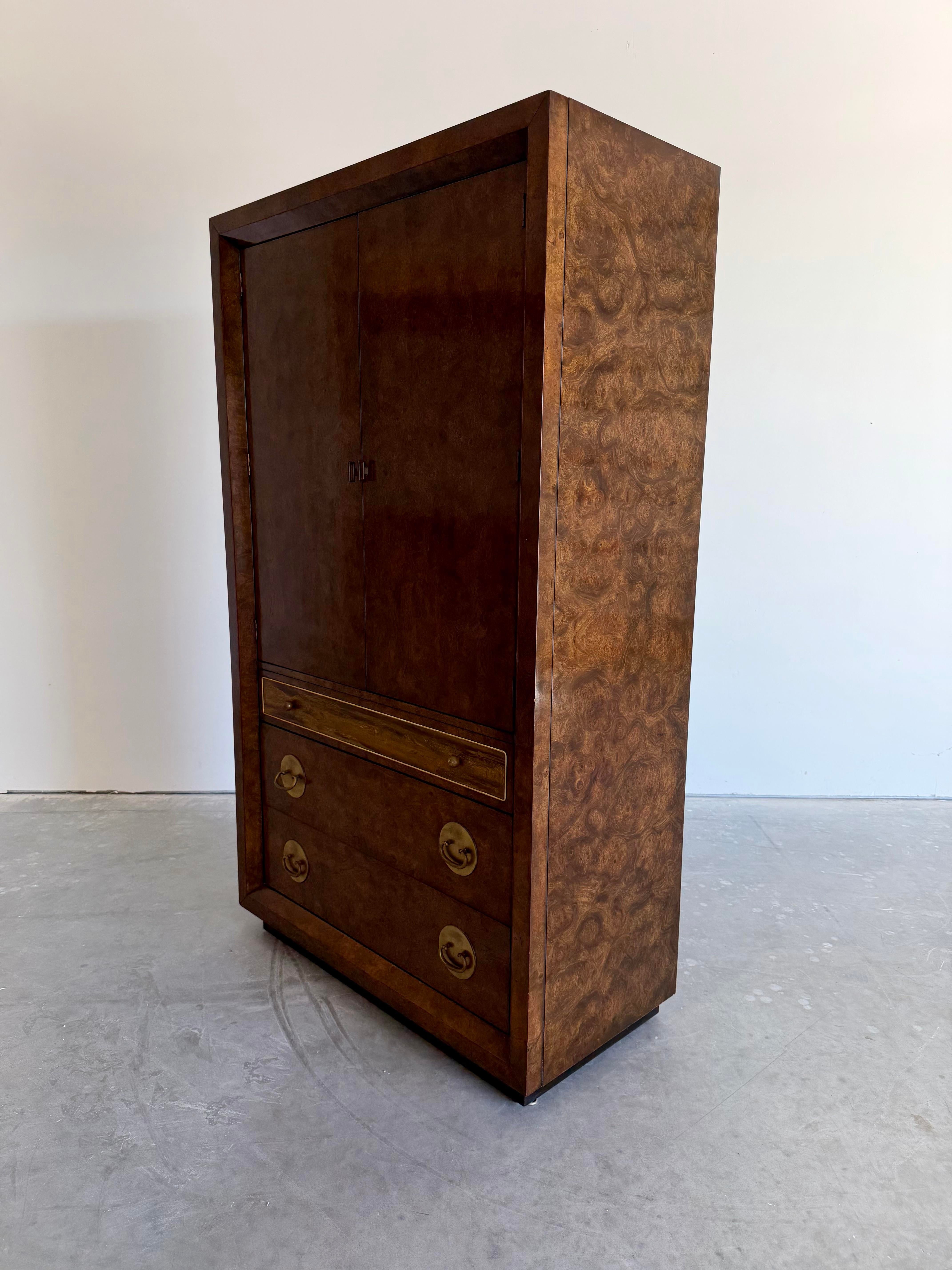 Vintage 1970’s Mastercraft Attributed Burlwood Armoire Cabinet With Etched Brass