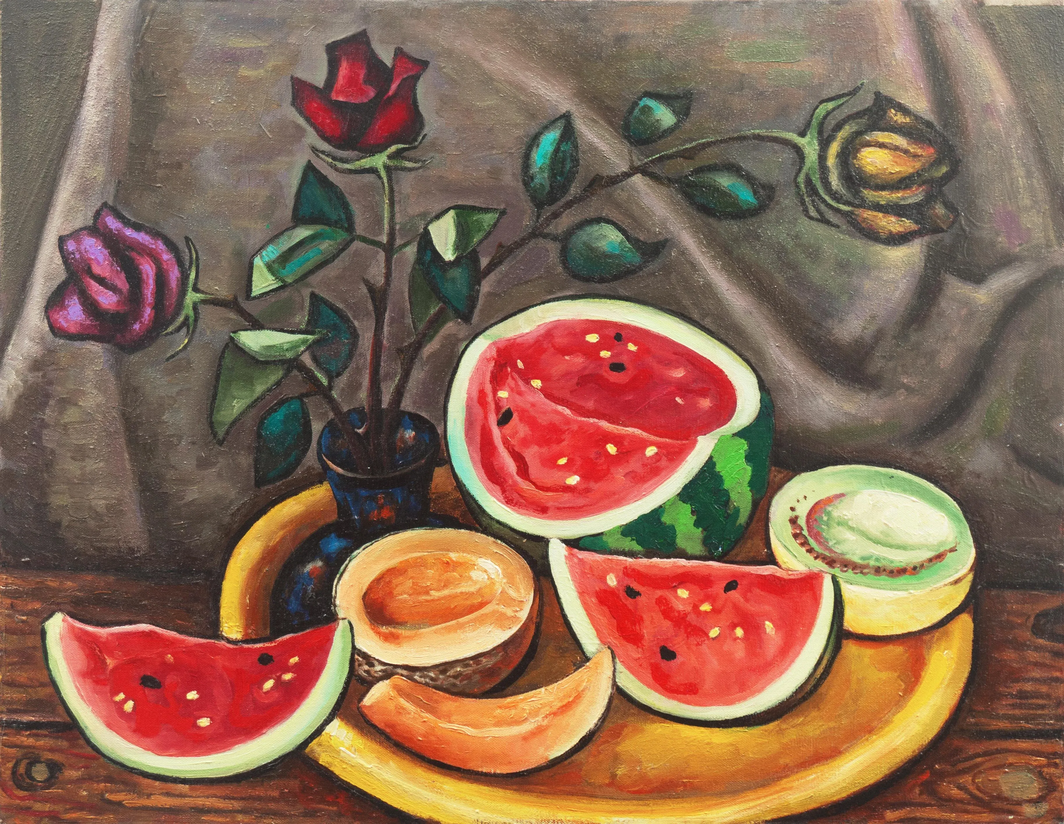 Still Life of Roses With Fruit', Art Deco Style, Modernist