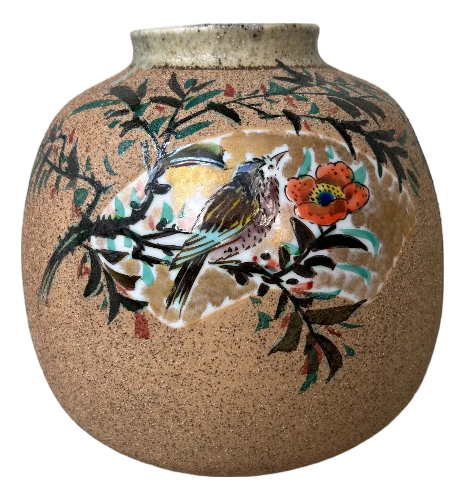 Vintage Japanese Vase with Bird and Flowers, 1960s