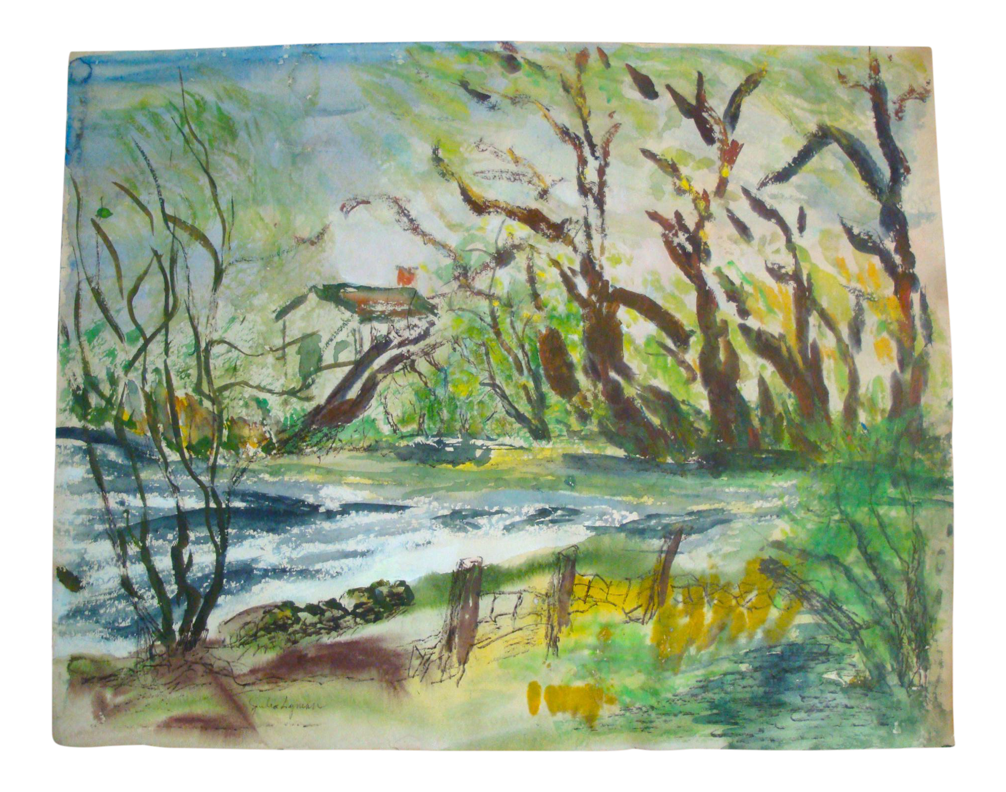 Mid Century Watercolor Painting Of Hideaway Cabin In The Woods