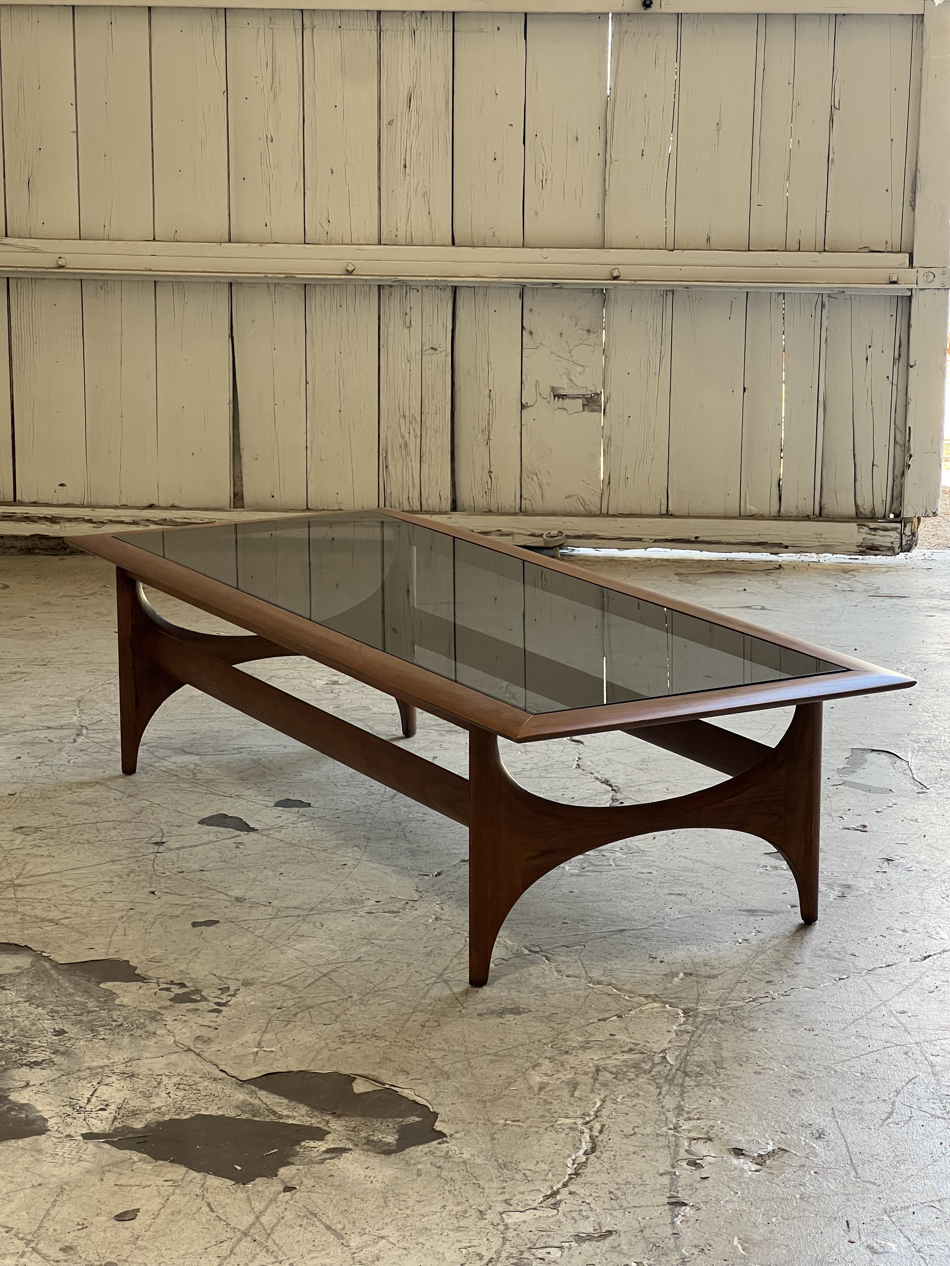 Mid Century Modern Lane Sculpted Walnut and Smoked Glass Top
