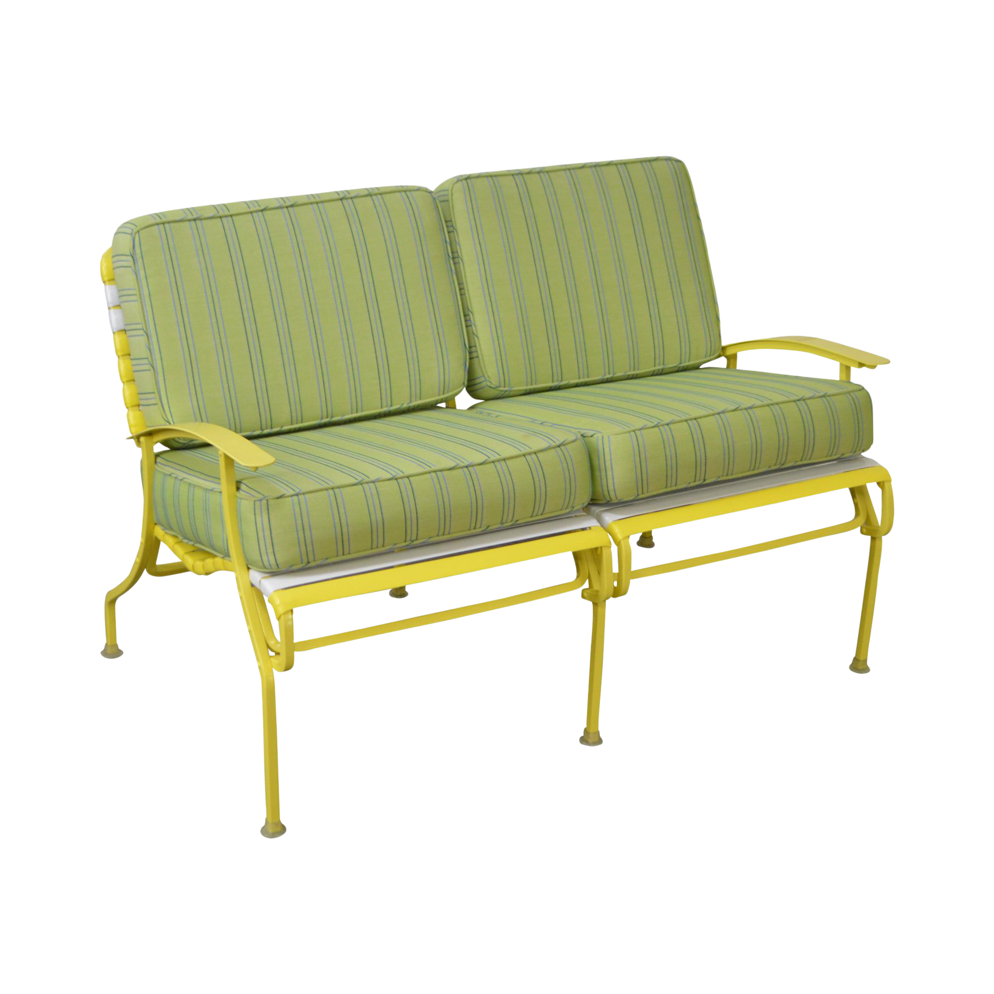Mid Century Modern White & Yellow Vinyl Strap Patio Settee w/ Cushions Chairish