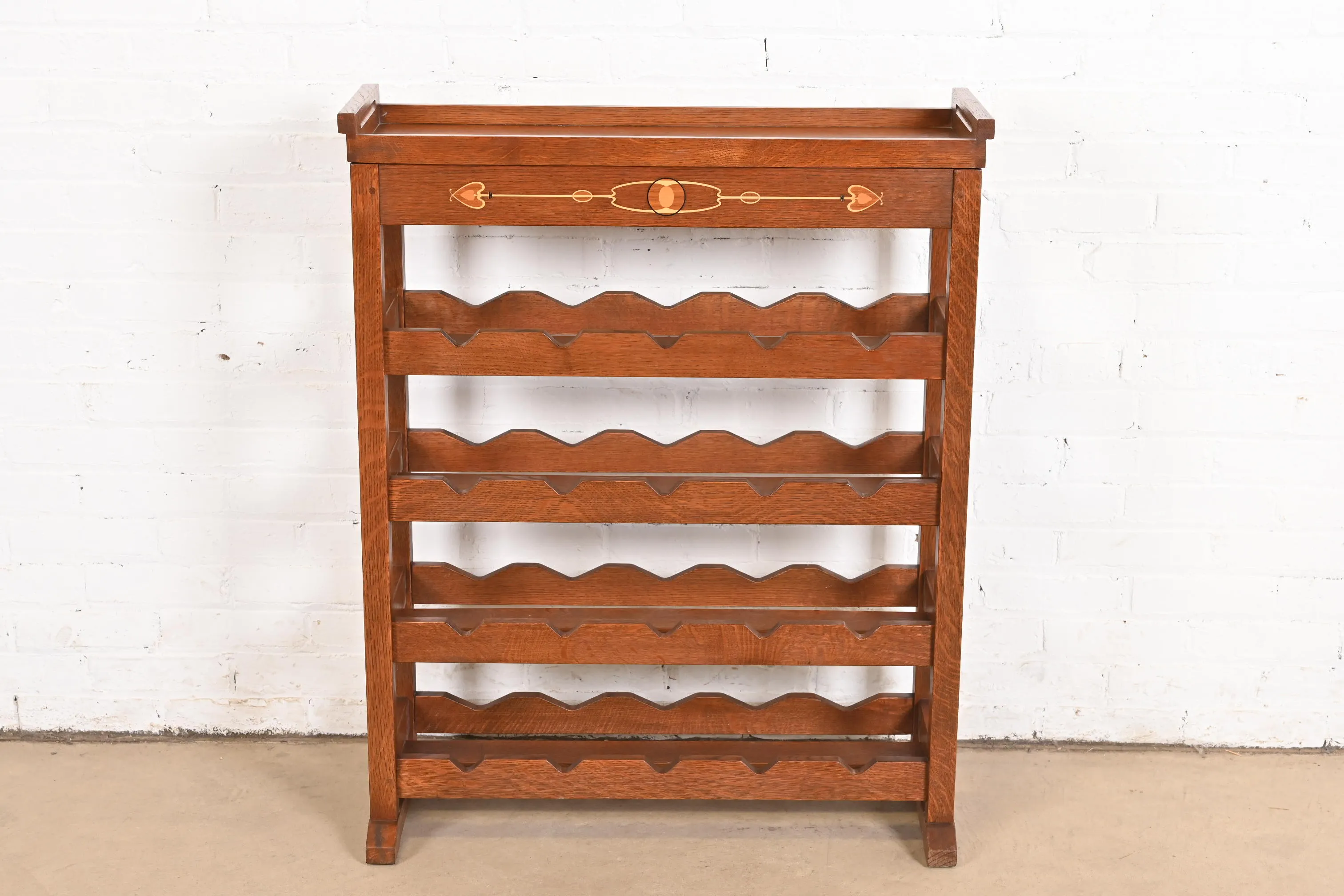 Stickley Harvey Ellis Collection Arts & Crafts Inlaid Oak 20-Bottle Wine Rack With Removable Serving Tray