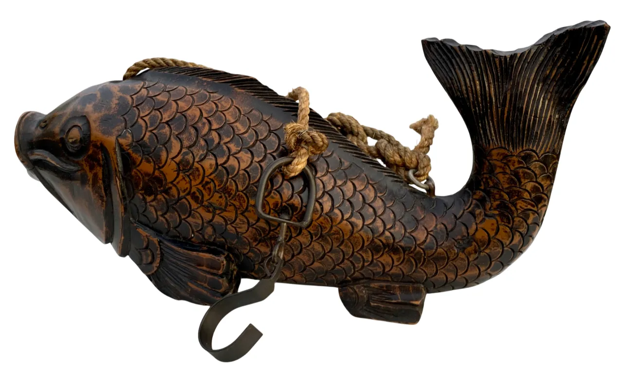 自在鉤　木彫り　鯉 Japanese Carved Wood Koi Fish Jizai Kagi (Fireplace Hook) | Chairish