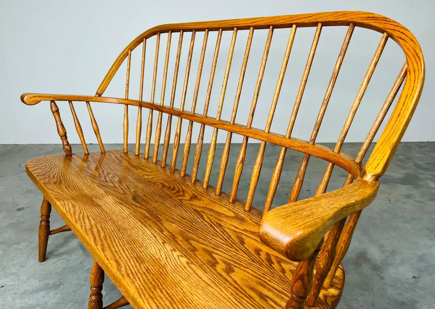 Vintage Oak Windsor Spindle Back Prosper's Bench or Settee 1970s